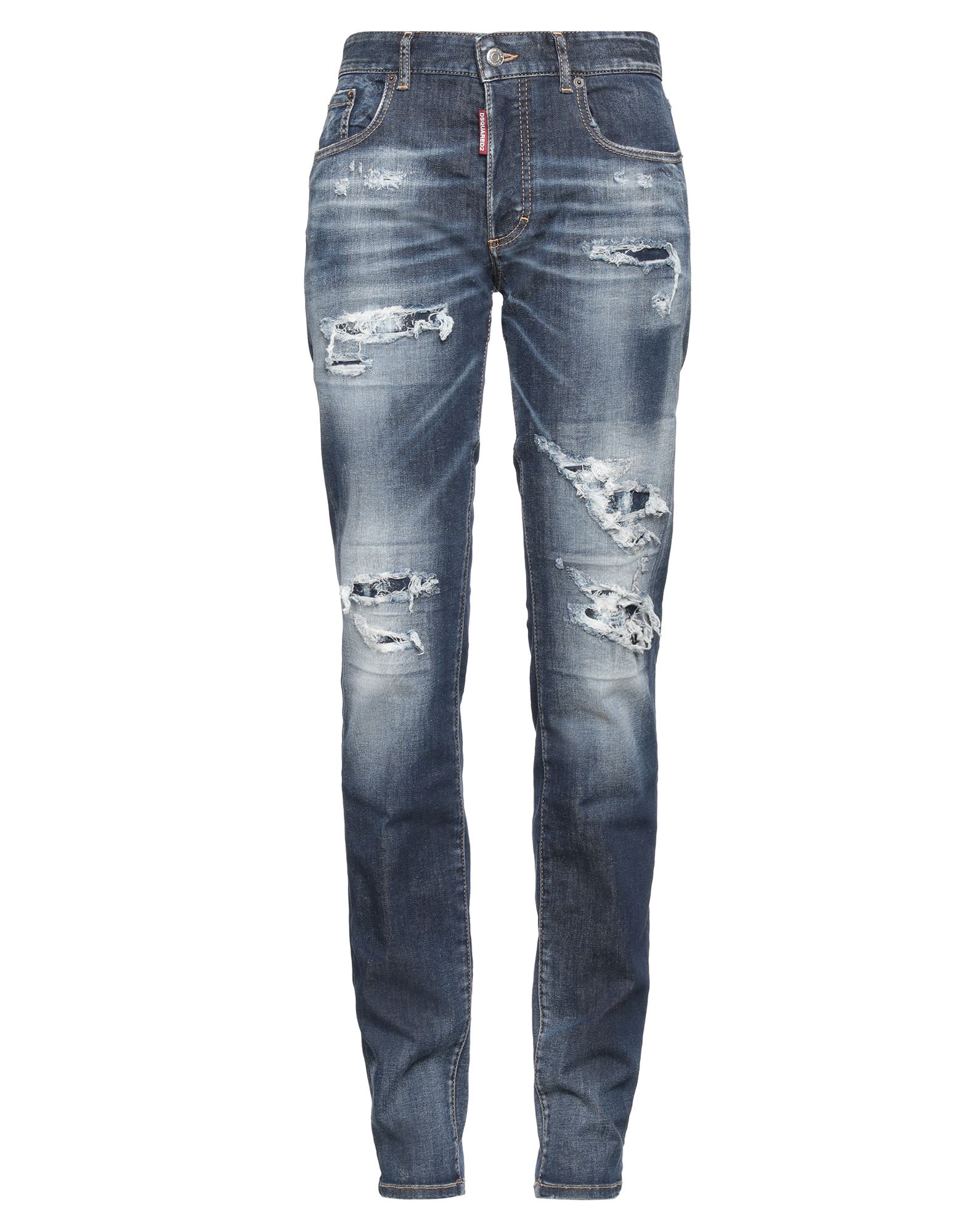 데님, 디스트레스드 효과, 바랜 효과, 브랜드 로고, 가죽 인서트, 솔리드 컬러, 다크 워싱, 노멀 웨이스트, 벨트 루프, 테이퍼드 레그, 레귤러 핏, 버튼 여밈, 포켓 5개, 스트레치, 세탁기 세탁 또는 드라이클리닝, 건조기 사용불가, 표백 금지, 동물성 비섬유 자재 함유, 스트레이트 레그 스타일. 이미지