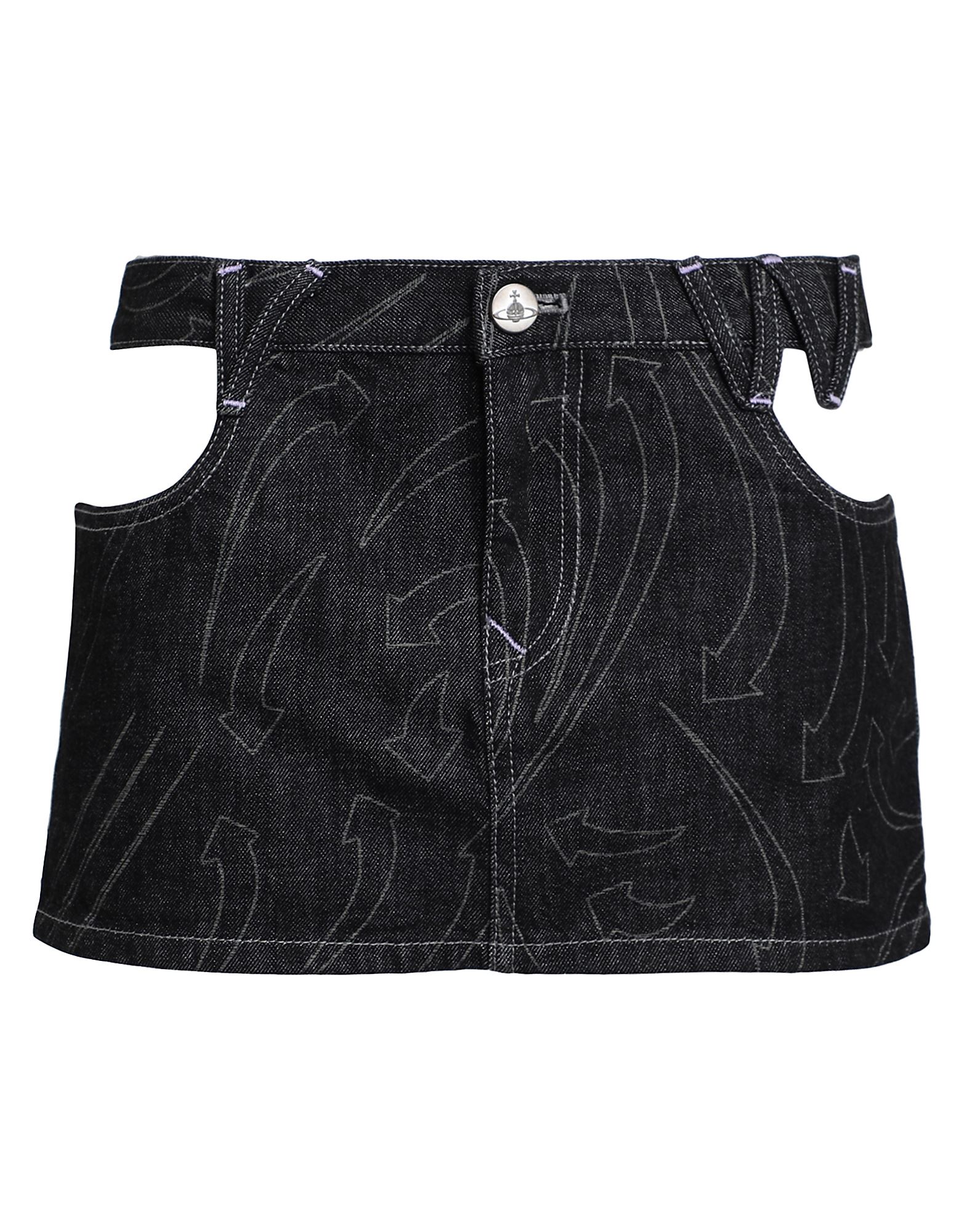 플레어 스커트, 데님, 투톤 패턴, 브랜드 로고, 자수 장식, 컷아웃 효과, 컬러 워싱, 벨트 루프, 지퍼 여밈, 1 버튼, 멀티 포켓. 이미지