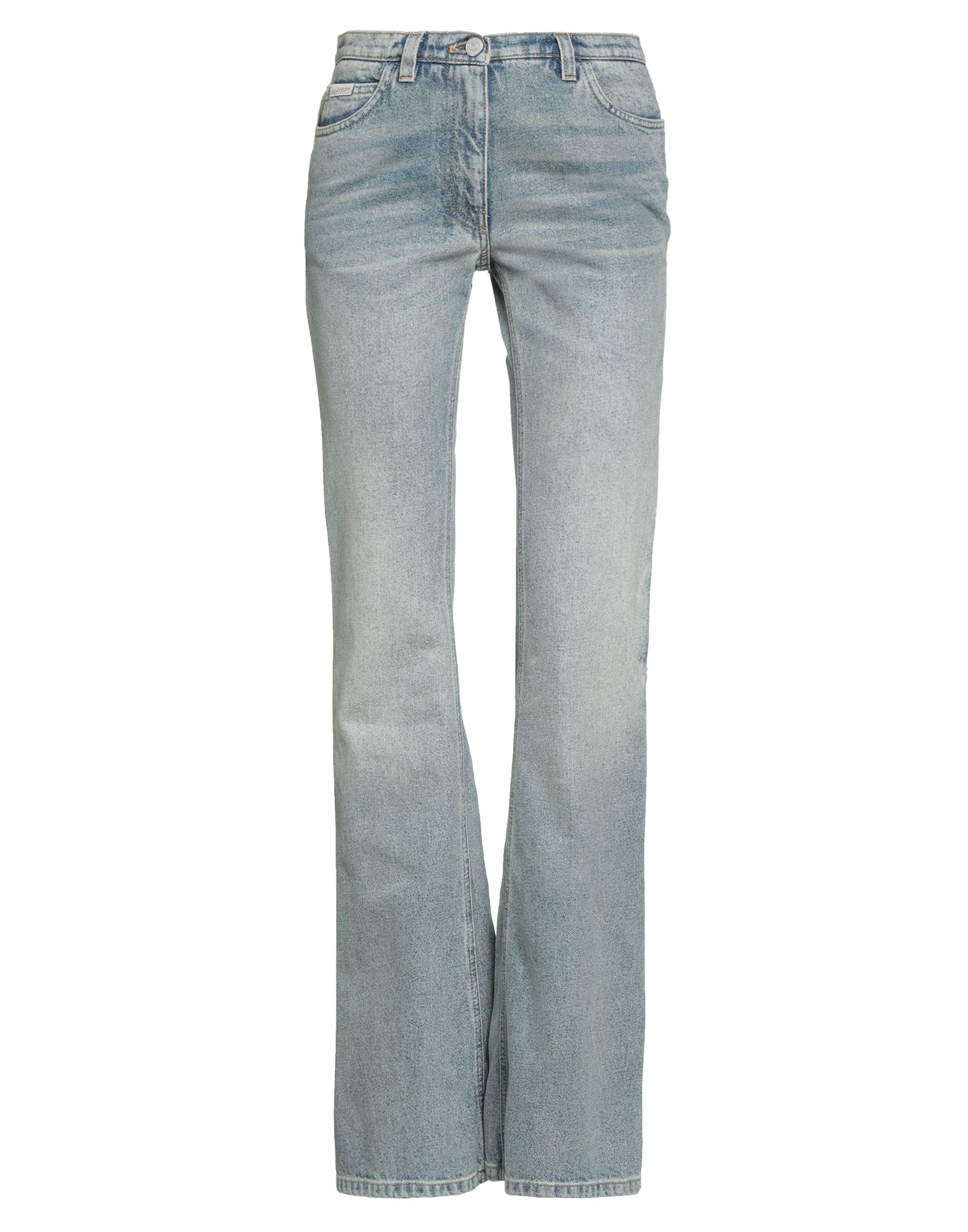 플레어 진, 데님, 솔리드 컬러, 자수 로고 장식, 미디엄 워싱, 하이 웨이스트, 벨트 루프, 레귤러 핏, 1 버튼, 지퍼 여밈, 멀티 포켓, 세탁기 세탁 또는 드라이클리닝, 표백 금지, 건조기 사용불가. 이미지