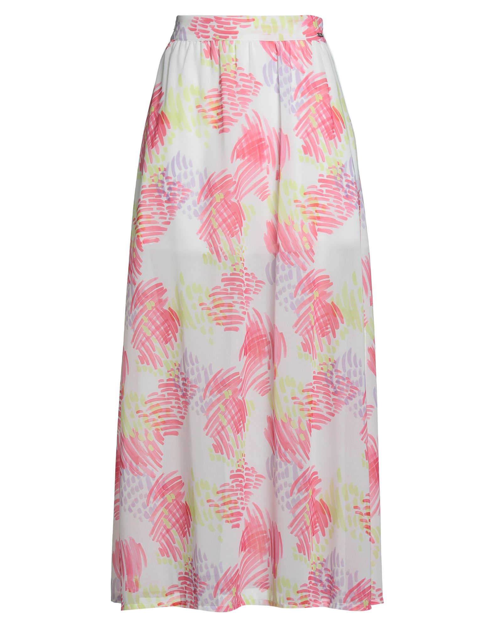 플레어 스커트, 크레이프, 멀티컬러 패턴, 브랜드 로고, 안감있음, 지퍼 여밈, 세탁기로 세탁, 표백 금지, 건조기 사용불가. 이미지