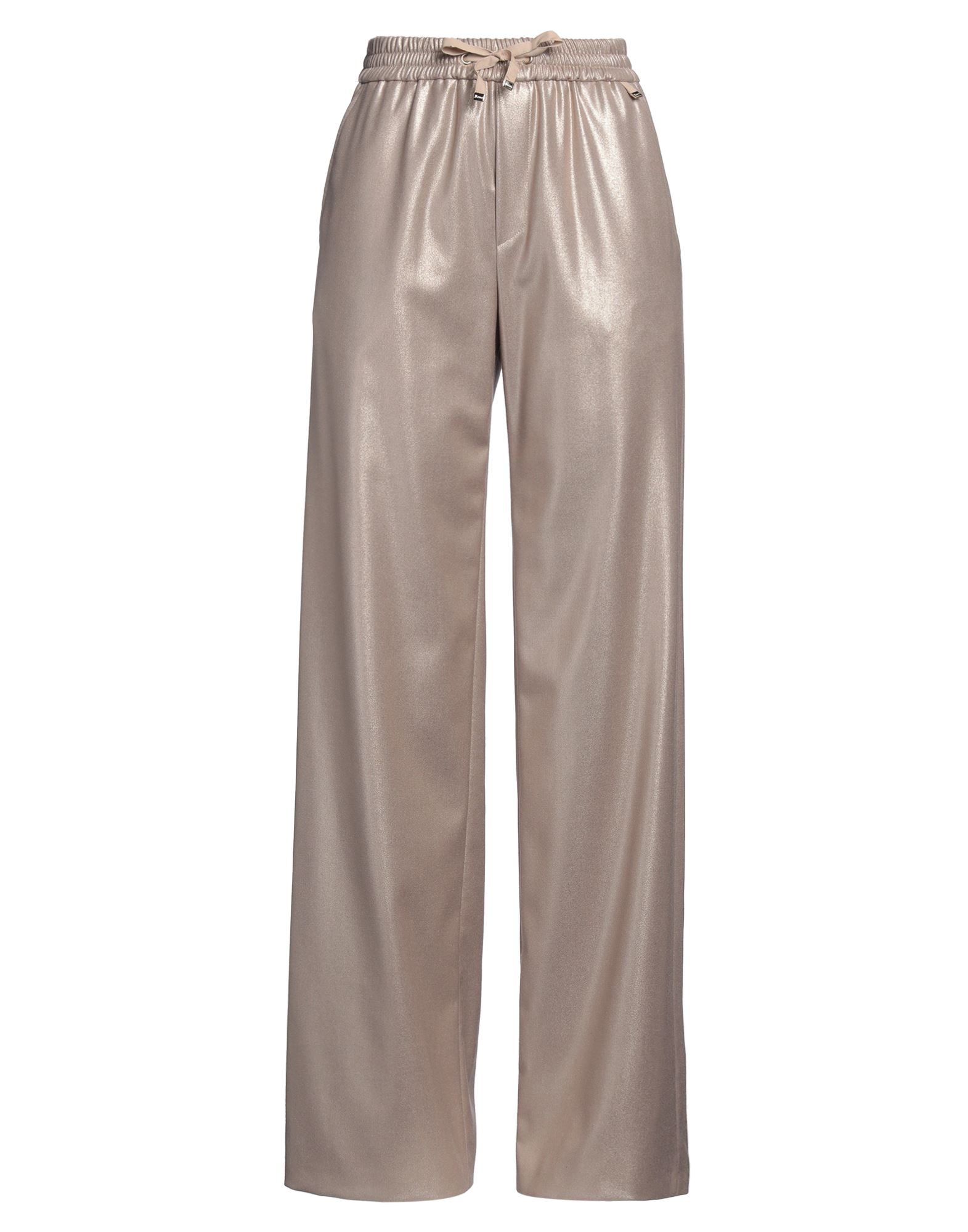 와이드 레그 팬츠, 우븐, 메탈릭 효과, 솔리드 컬러, 브랜드 로고, 하이 웨이스트, 드로스트링 웨이스트, 컴포트 핏, 멀티 포켓, 스트레치, 손세탁, 표백 금지, 건조기 사용불가. 이미지