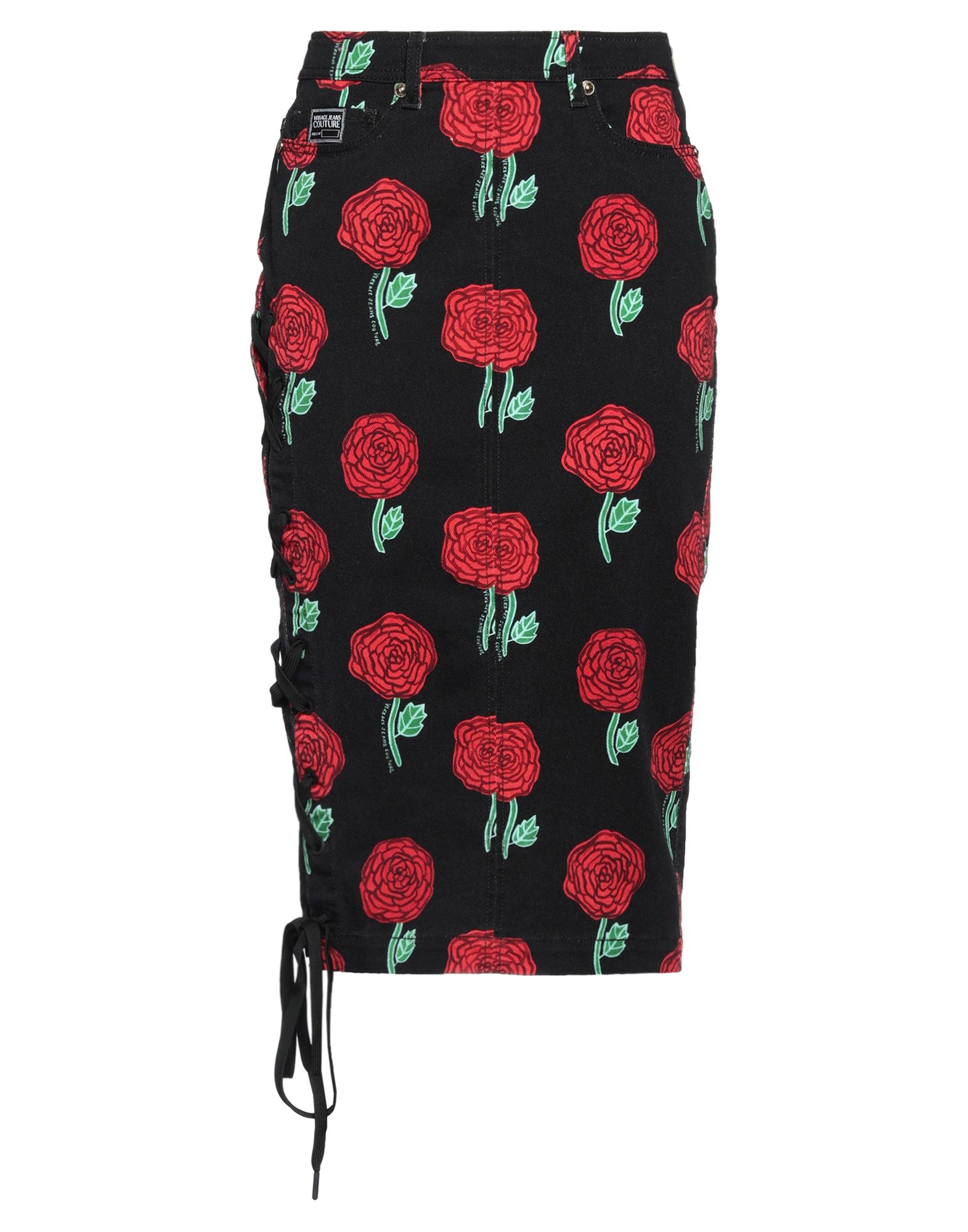 데님, 브랜드 로고, 플로럴 모티브, 컬러 워싱, 안감없음, 지퍼 여밈, 포켓 5개, 스트레치, 펜슬 스커트, 스몰 핏. 이미지