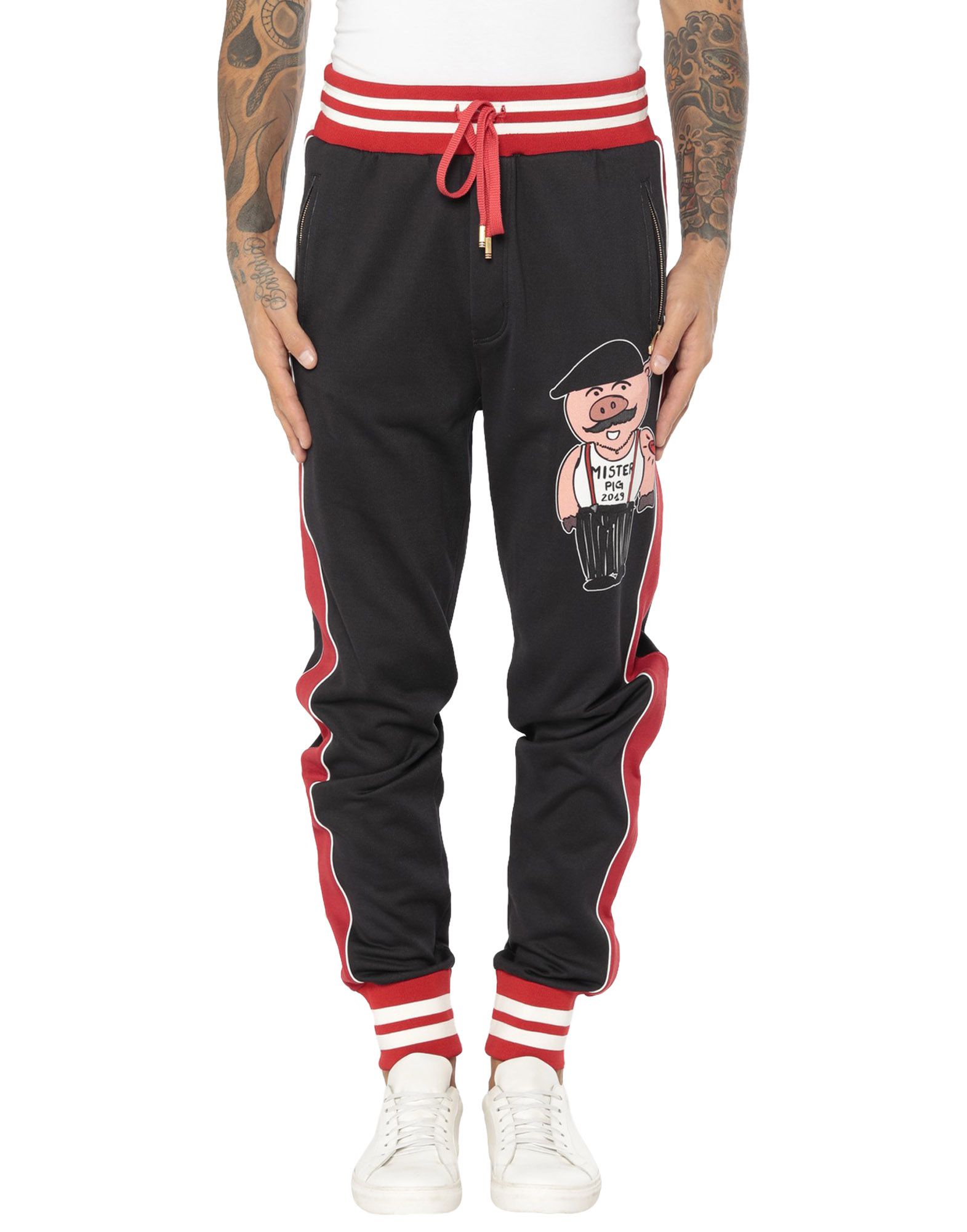 트랙 팬츠, 플리스, 멀티컬러 패턴, 브랜드 로고, 사이드 스트라이프, 프린트, 드로스트링 웨이스트, 레귤러 핏, 멀티 포켓. 이미지