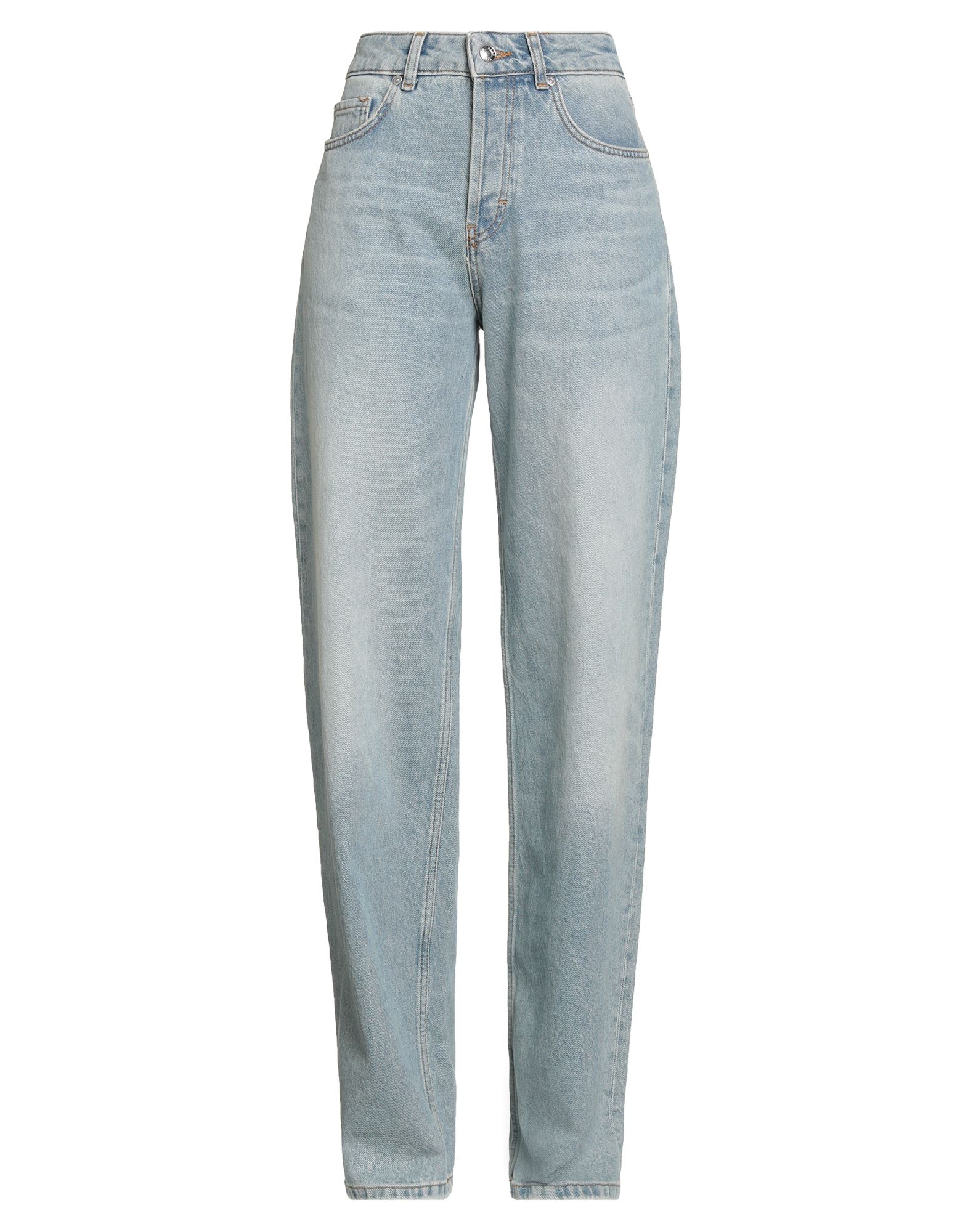 스트레이트 레그 진, 데님, 바랜 효과, 솔리드 컬러, 브랜드 로고, 미디엄 워싱, 하이 웨이스트, 벨트 루프, 레귤러 핏, 히든 버튼 여밈, 멀티 포켓, 세탁기로 세탁, 표백 금지, 건조기 사용불가. 이미지