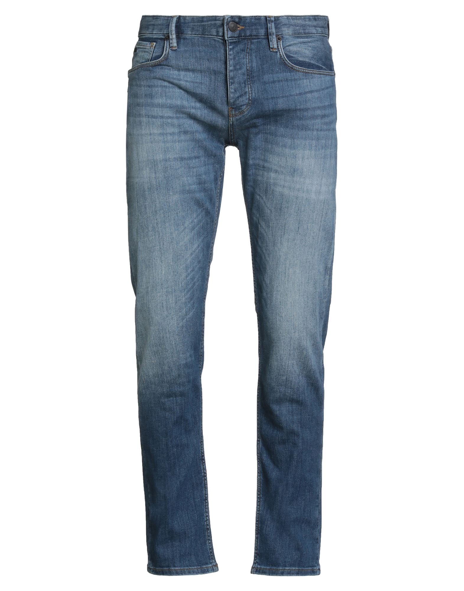 테이퍼드 진, 데님, 바랜 효과, 스트레치 패브릭, 솔리드 컬러, 브랜드 로고, 미디엄 워싱, 노멀 웨이스트, 레귤러 핏, 히든 버튼 여밈, 포켓 5개, 세탁기로 세탁, 표백 금지, 건조기 사용불가. 이미지