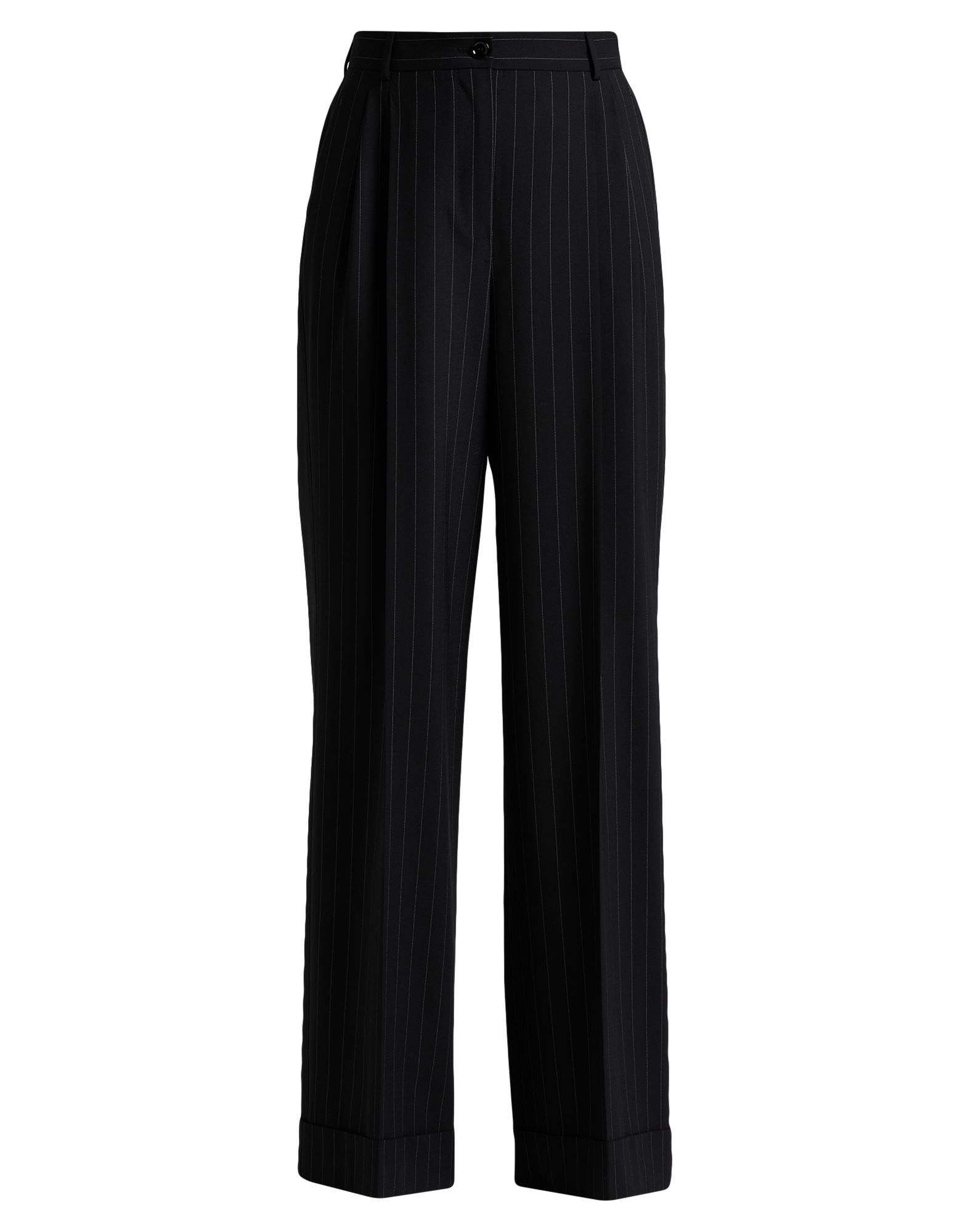 스트레이트 레그 팬츠, 울 보일, 핀스트라이프, 장식 부착 없음, 하이 웨이스트, 벨트 루프, 레귤러 핏, 버튼 여밈, 지퍼 여밈, 멀티 포켓, 스트레치, 세탁기로 세탁, 표백 금지, 건조기 사용불가. 이미지