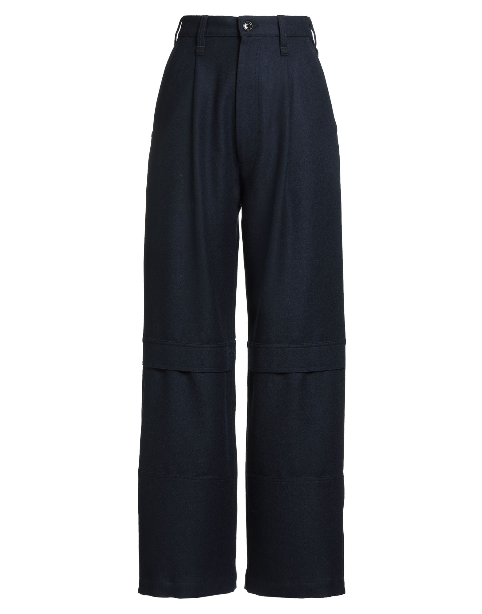 와이드 레그 팬츠, 울, 플란넬, 솔리드 컬러, 다트, 하이 웨이스트, 레귤러 핏, 지퍼 여밈, 버튼 여밈, 지퍼 헴라인, 슬릿 포켓, 웰트 포켓, 드라이클리닝, 표백 금지, 건조기 사용불가, 동물성 비섬유 자재 함유. 이미지