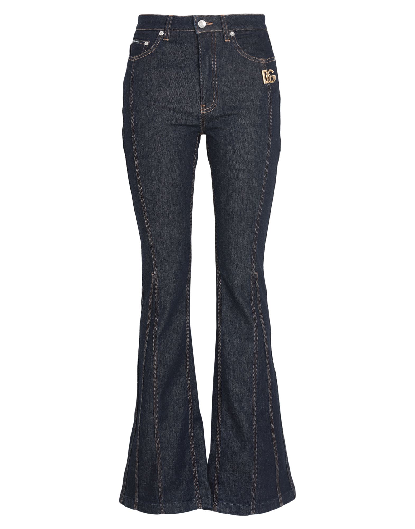 데님, 브랜드 로고, 솔리드 컬러, 다크 워싱, 하이 웨이스트, 벨트 루프, 플레어 레그 스타일, 스키니, 1 버튼, κλείσιμο με φερμουάρ, 포켓 5개, 스트레치. 이미지