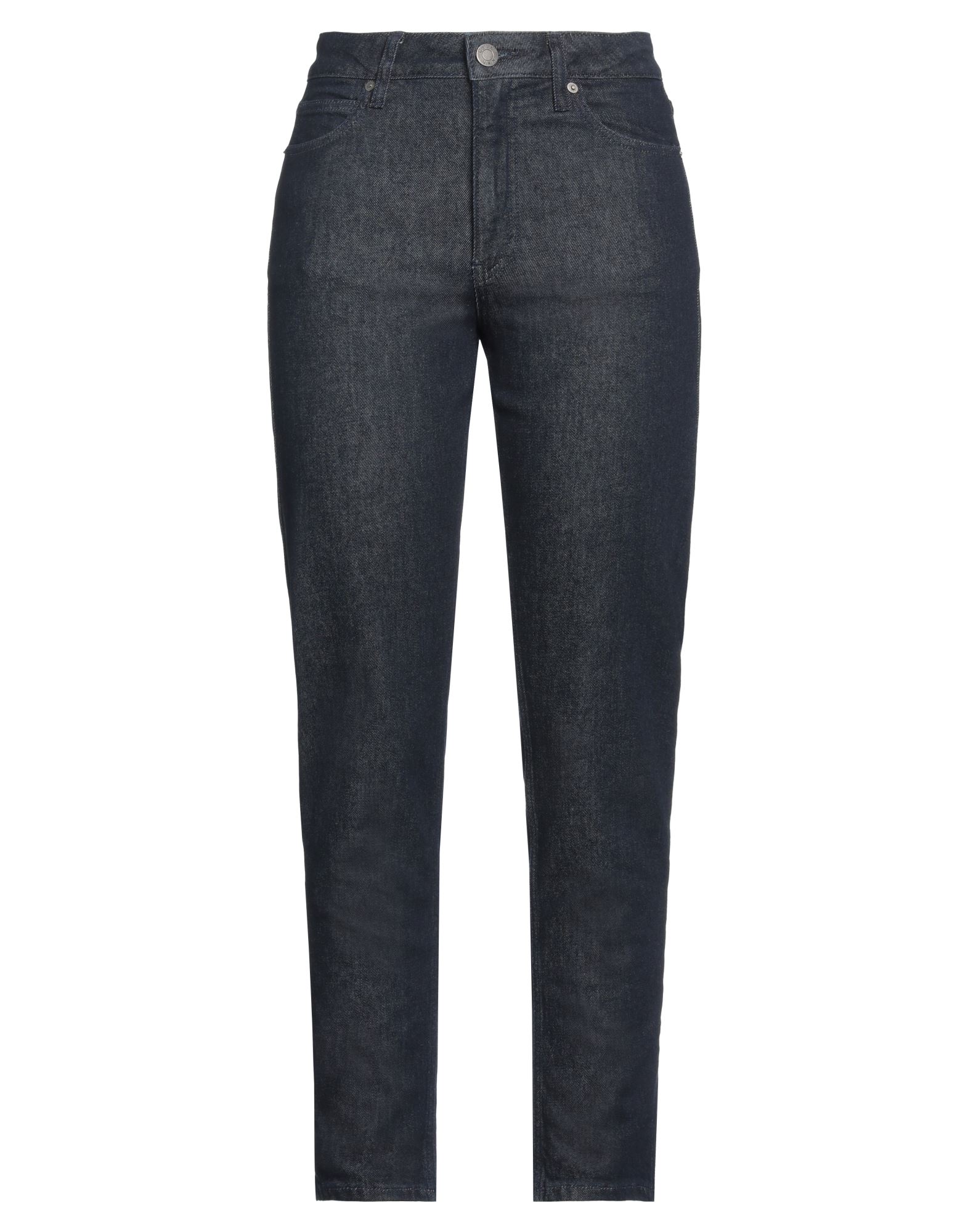 데님, 브랜드 로고, 가죽 인서트, 솔리드 컬러, 다크 워싱, 하이 웨이스트, 벨트 루프, 스키니, 1 버튼, 지퍼 여밈, 멀티 포켓, 세탁기로 세탁, 표백 금지, 건조기 사용가능, 동물성 비섬유 자재 함유, 스트레이트 레그 진. 이미지