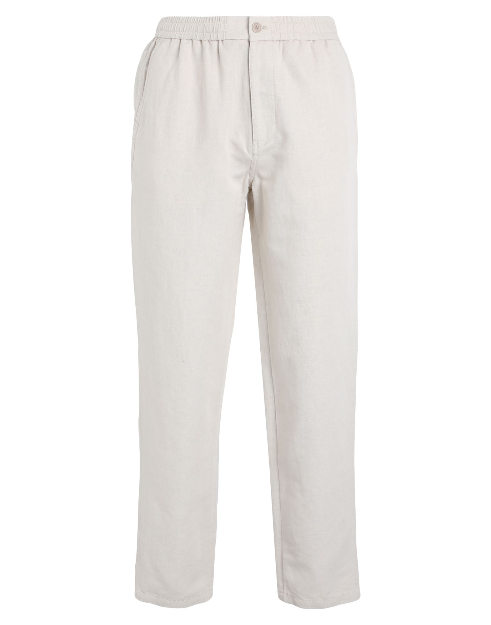 캐주얼 팬츠, 우븐, 솔리드 컬러, 개더 디테일, 하이 웨이스트, 엘라스틱 웨이스트라인, 테이퍼드 레그, 레귤러 핏, 지퍼 여밈, 1 버튼, 멀티 포켓. 이미지