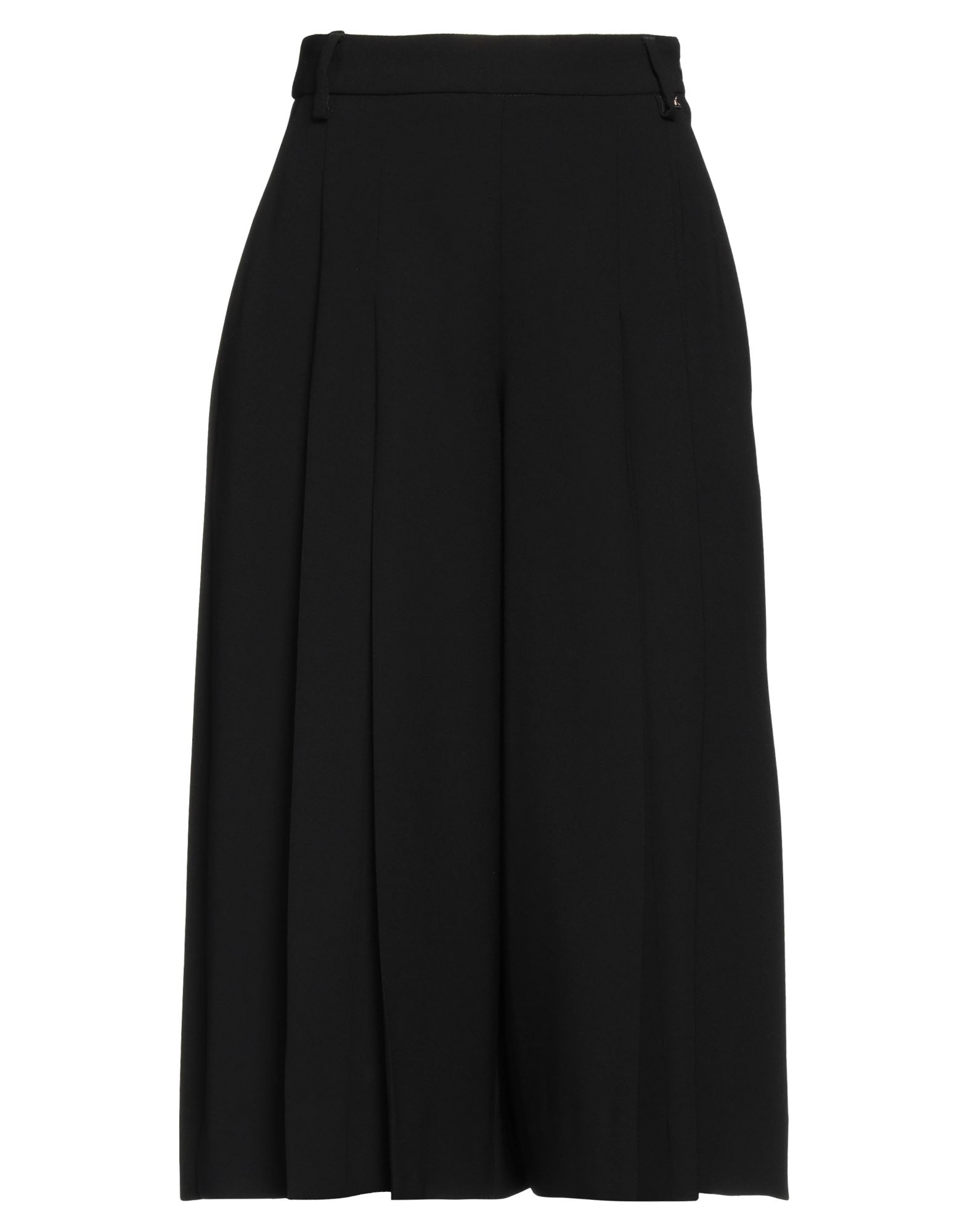 크레이프, 플리츠 디테일, 브랜드 로고, 솔리드 컬러, 하이 웨이스트, 와이드 레그, 컴포트 핏, 지퍼 클로저, 1 버튼, 멀티 포켓, 디바이디드 스커트. 이미지