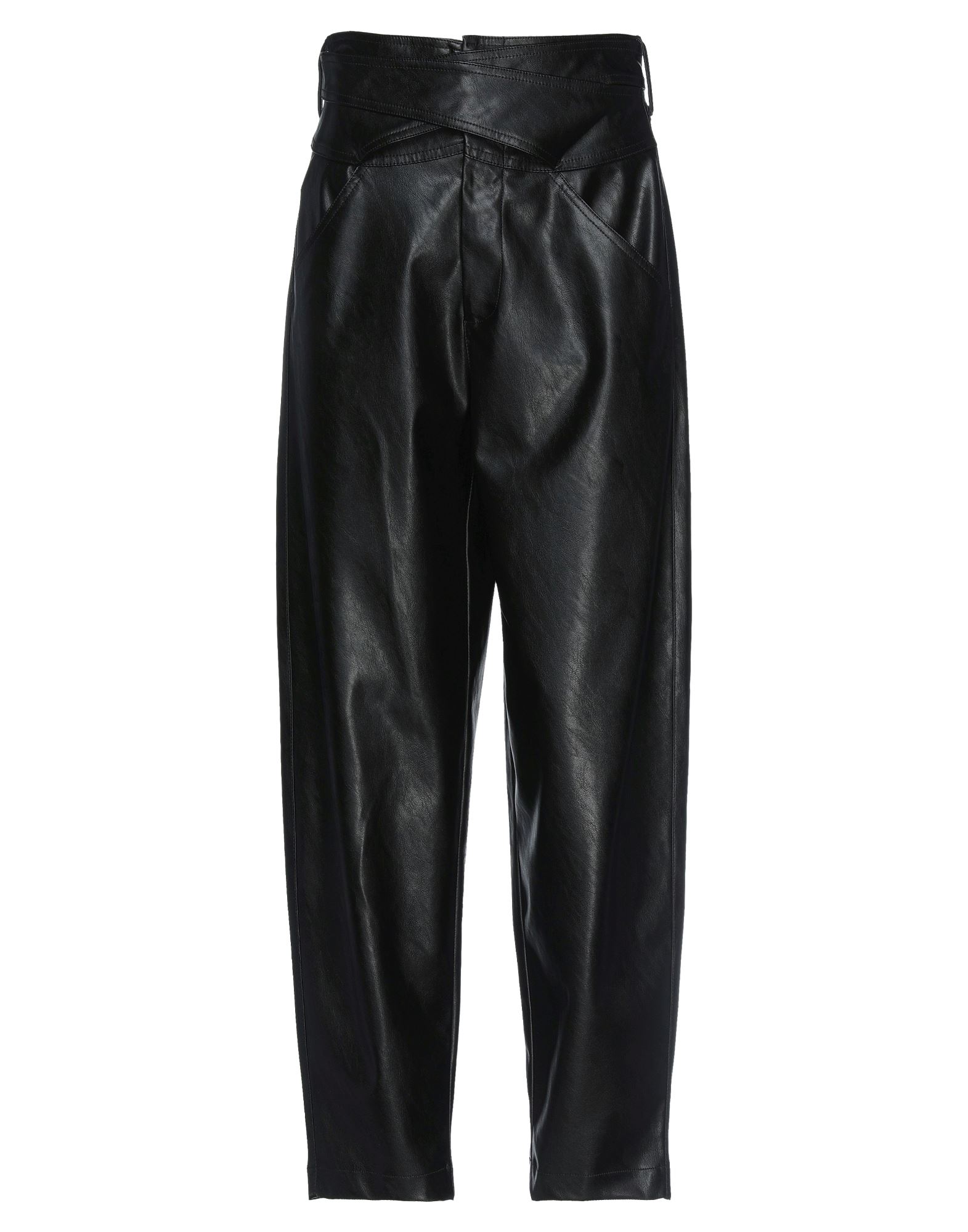 테이퍼드 팬츠, 인조가죽, 솔리드 컬러, 장식 부착 없음, 하이 웨이스트, 벨트 루프, 레귤러 핏, 스냅버튼 여밈, 지퍼 여밈, 멀티 포켓. 이미지