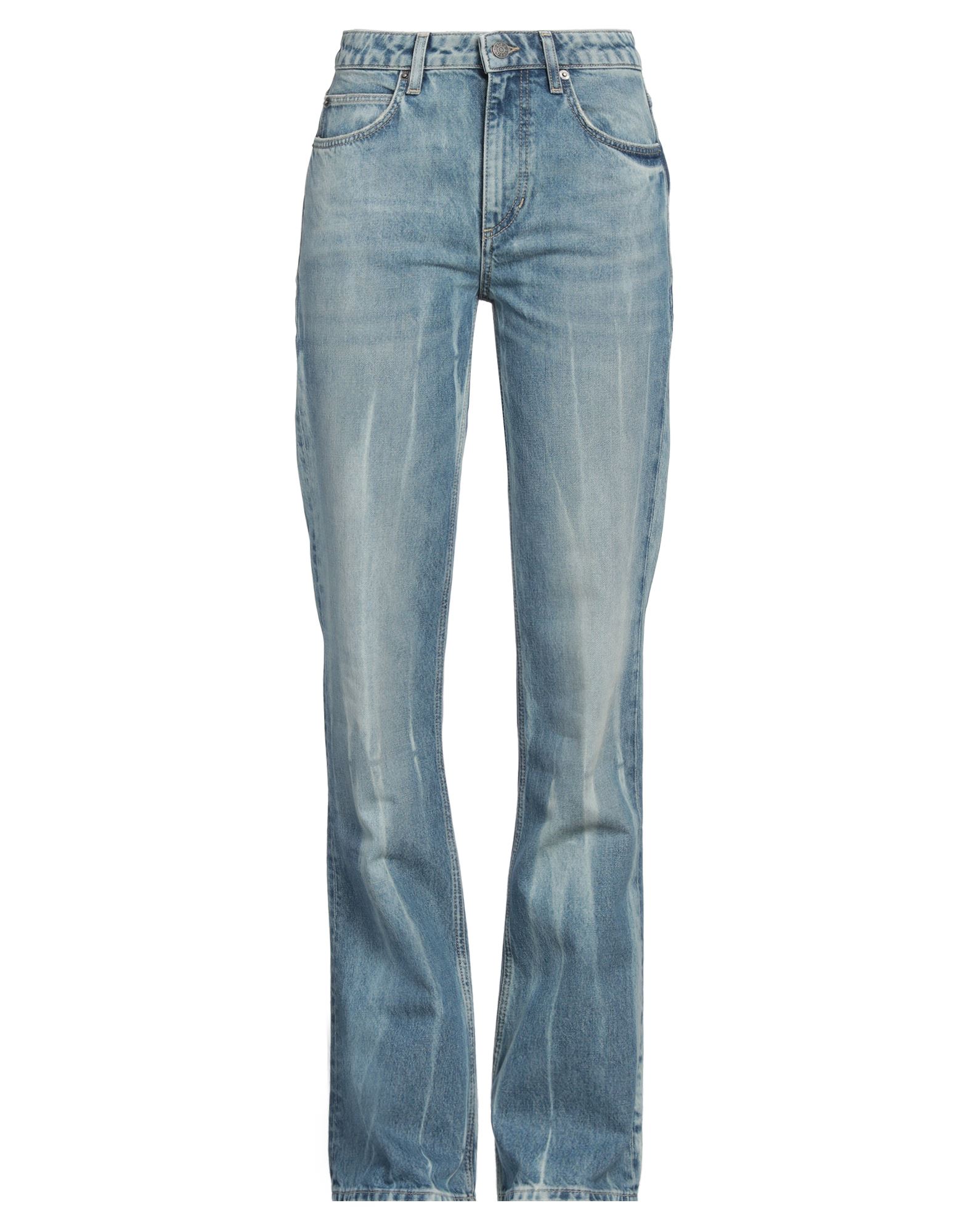 데님, 디스트레스드 효과, 브랜드 로고, 솔리드 컬러, 다크 워싱, 노멀 웨이스트, 레귤러 핏, 버튼 여밈, 지퍼 여밈, 멀티 포켓, 손세탁, 건조기 사용불가, 플레어 진. 이미지