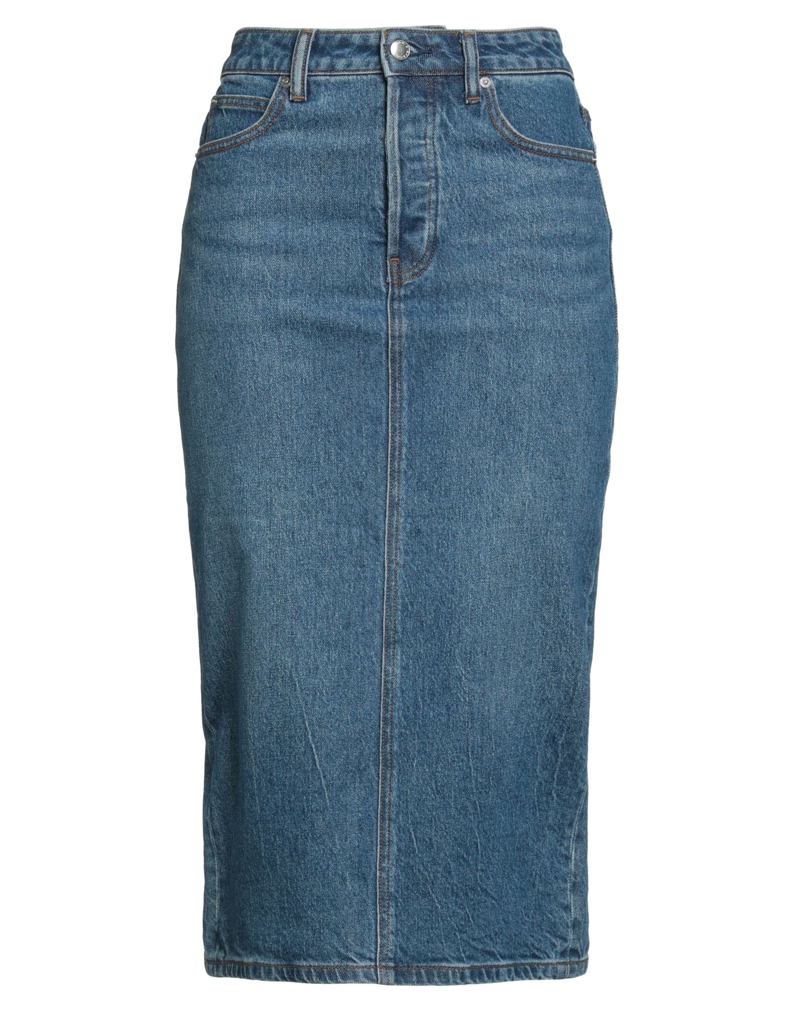 펜슬 스커트, 데님, 바랜 효과, 솔리드 컬러, 브랜드 로고, 미디엄 워싱, 벨트 루프, 안감없음, 지퍼 여밈, 1 버튼, 백 슬릿, 멀티 포켓, 세탁기 세탁 또는 드라이클리닝, 표백 금지, 건조기 사용가능, 이 브랜드는 사이즈가 크게 나옵니다. 이미지