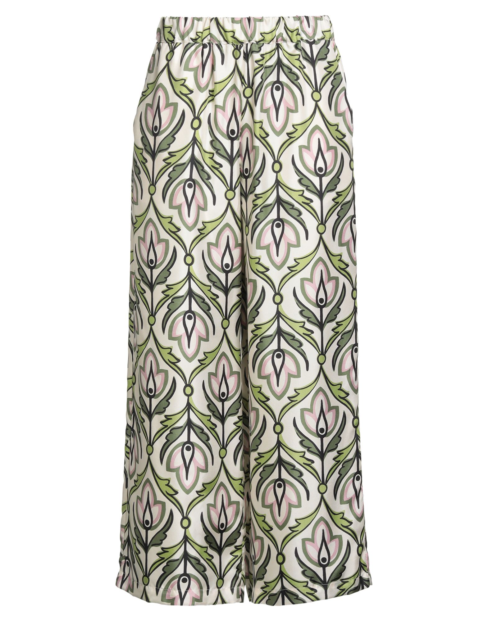 와이드 레그 팬츠, 트윌, 플로럴 모티브, 장식 부착 없음, 하이 웨이스트, 엘라스틱 웨이스트라인, 레귤러 핏, 슬릿 포켓, 드라이클리닝, 표백 금지, 건조기 사용불가. 이미지