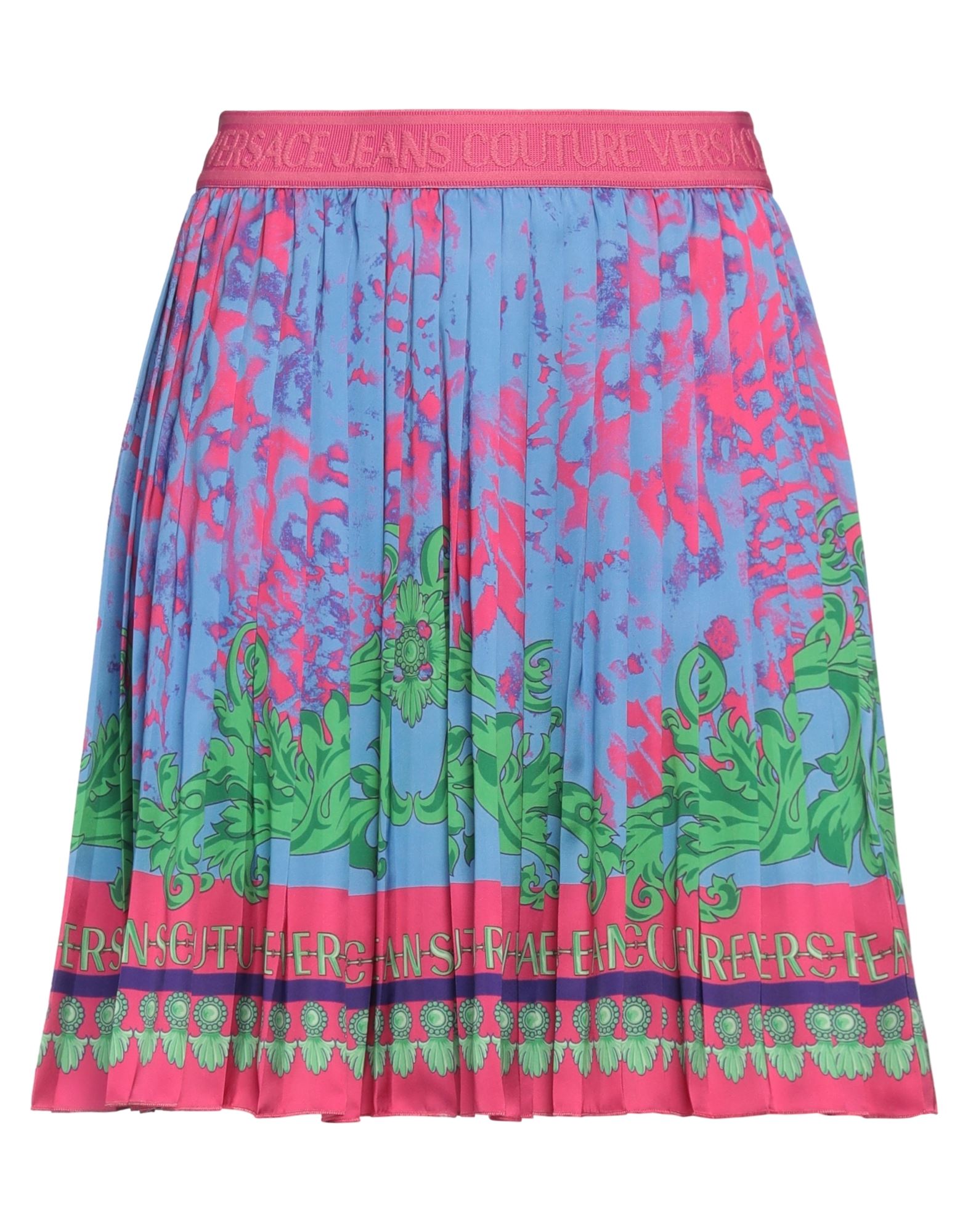 플리츠 스커트, 새틴, 주름 가공, 브랜드 로고, 멀티컬러 패턴, 엘라스틱 웨이스트라인, 드라이클리닝, 표백 금지, 건조기 사용불가, 이 브랜드는 사이즈가 작게 나옵니다. 이미지