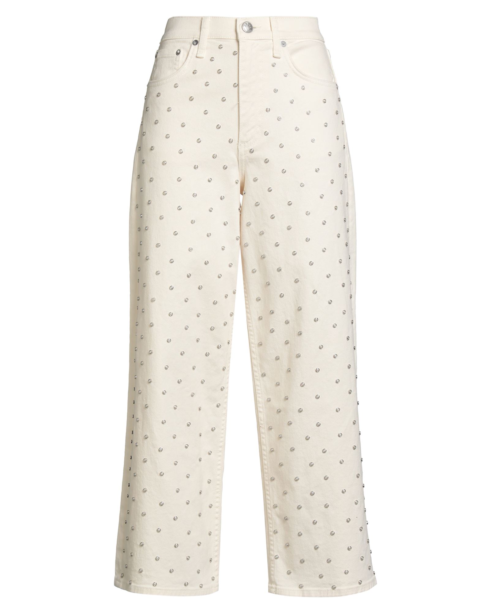 와이드 레그 진, 데님, 스트레치 패브릭, 장식 디테일 솔리드 컬러, 스터드, 브랜드 로고, 컬러 워싱, 하이 웨이스트, 레귤러 핏, 포켓 5개, 드라이클리닝, 표백 금지, 건조기 사용불가, 크롭트, 이 브랜드는 사이즈가 크게 나옵니다. 이미지