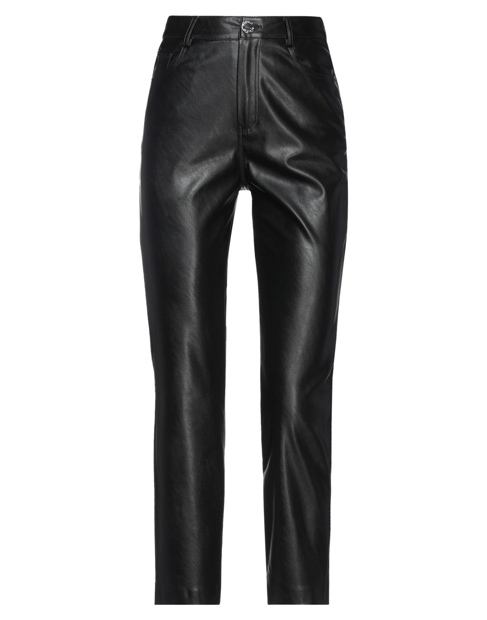 스키니 팬츠, 인조가죽, 솔리드 컬러, 장식 부착 없음, 하이 웨이스트, 벨트 루프, 스키니, 지퍼 여밈, 1 버튼, 손세탁, 표백 금지, 건조기 사용불가, 다림질 금지, 크롭트. 이미지