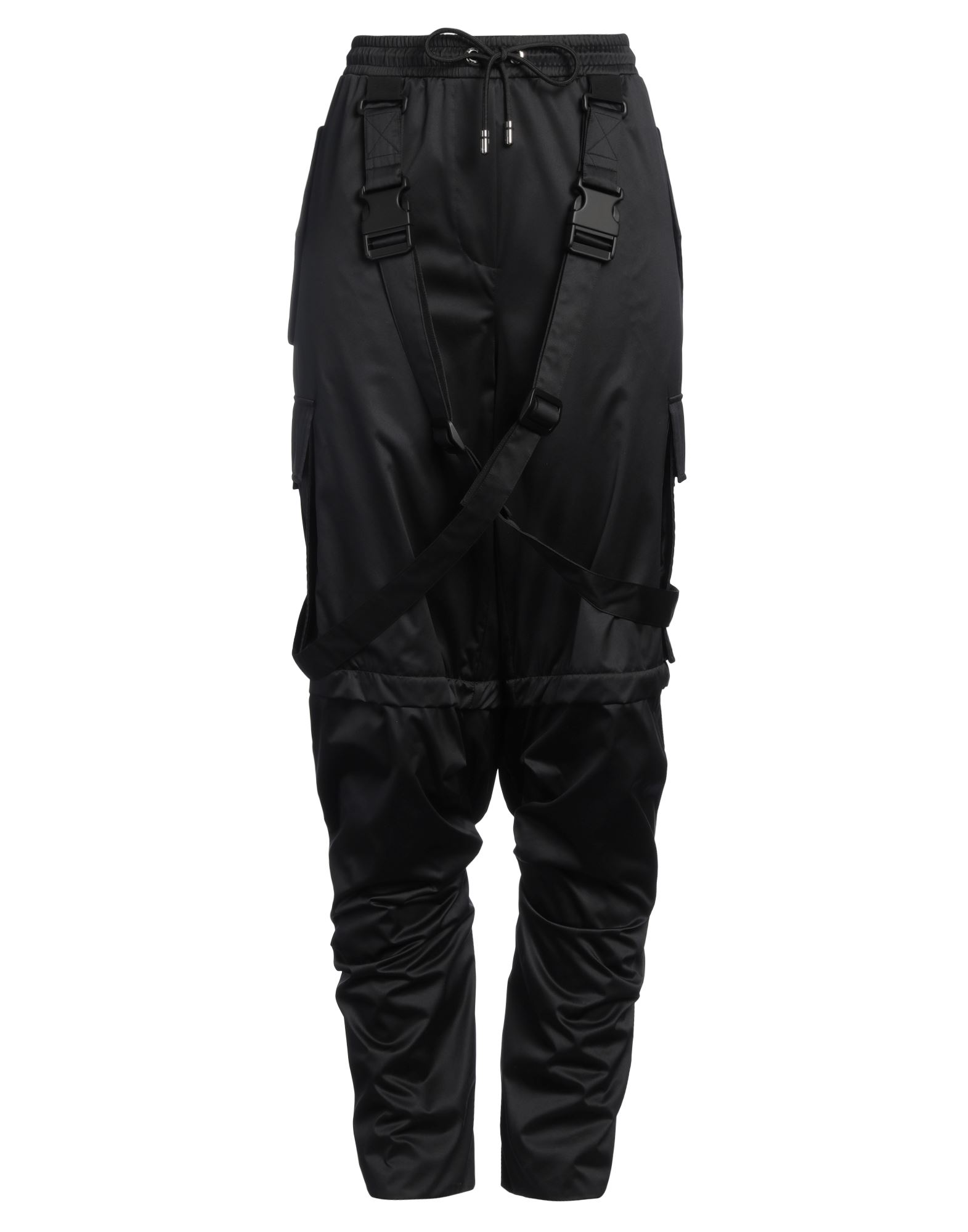 카고 팬츠, 새틴, 솔리드 컬러, 장식 부착 없음, 하이 웨이스트, 드로스트링 웨이스트, 컴포트 핏, 지퍼 헴라인, 서스펜더 포함, 세탁기 세탁 또는 드라이클리닝, 표백 금지, 건조기 사용불가. 이미지