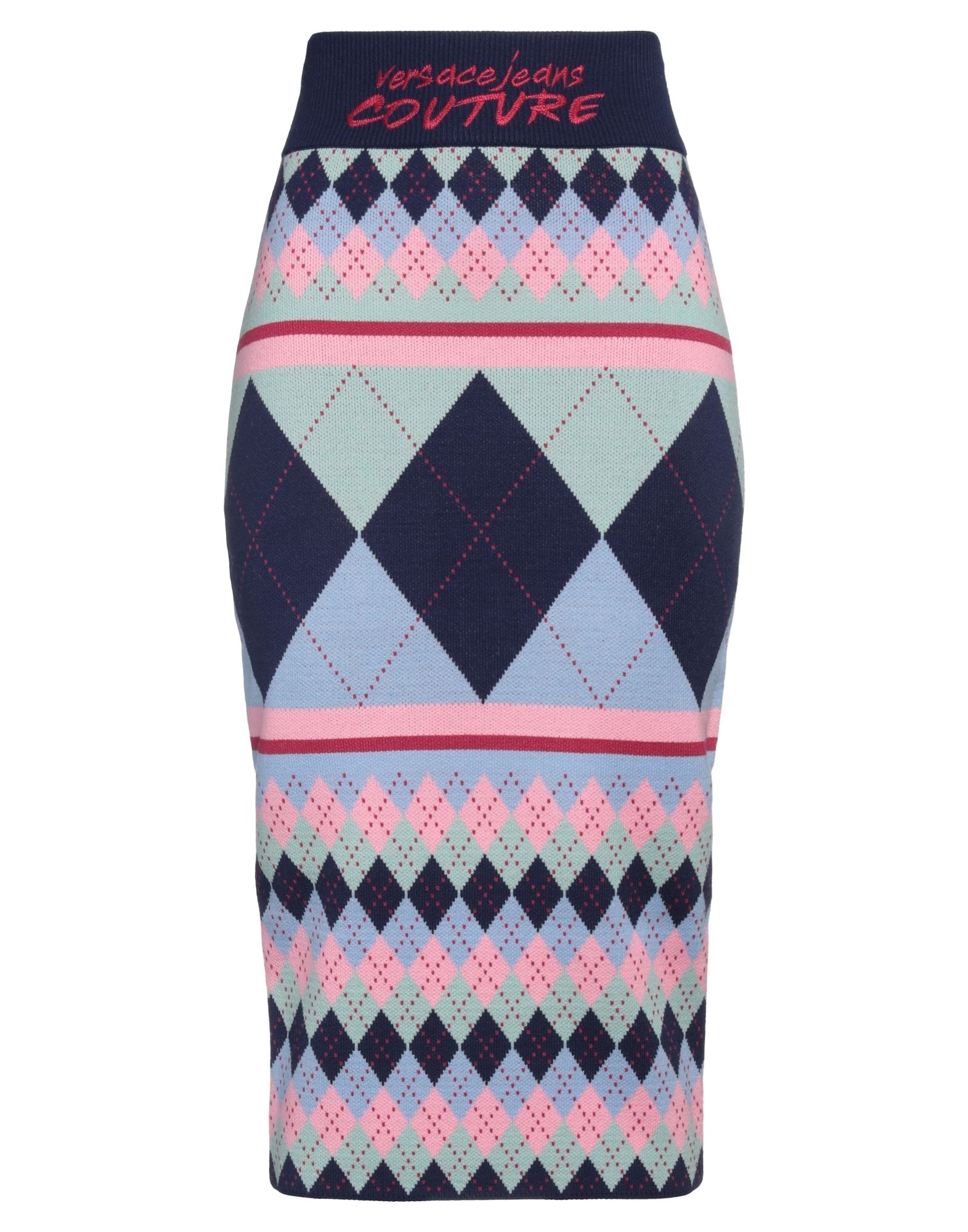 펜슬 스커트, 니트 소재, 미디엄웨이트 니트, 멀티컬러 패턴, 자수 로고 장식, 안감없음, 손세탁 또는 드라이클리닝, 표백 금지, 건조기 사용불가, 이 브랜드는 사이즈가 작게 나옵니다. 이미지