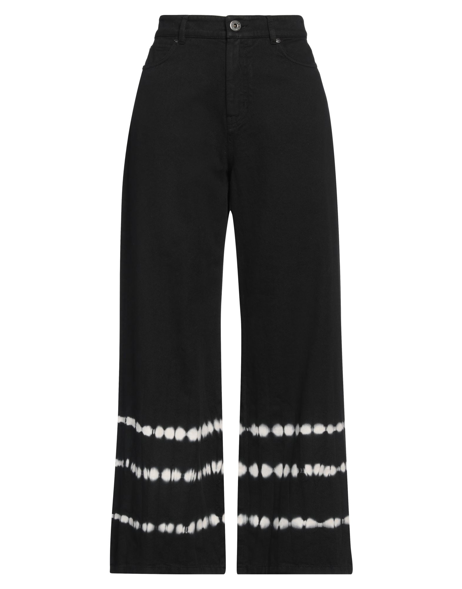 와이드 레그 진, 데님, 투톤 패턴, 브랜드 로고, 가죽 인서트, 컬러 워싱, 하이 웨이스트, 벨트 루프, 레귤러 핏, 지퍼 여밈, 멀티 포켓, 드라이클리닝 금지, 표백 금지, 건조기 사용불가, 동물성 비섬유 자재 함유. 이미지