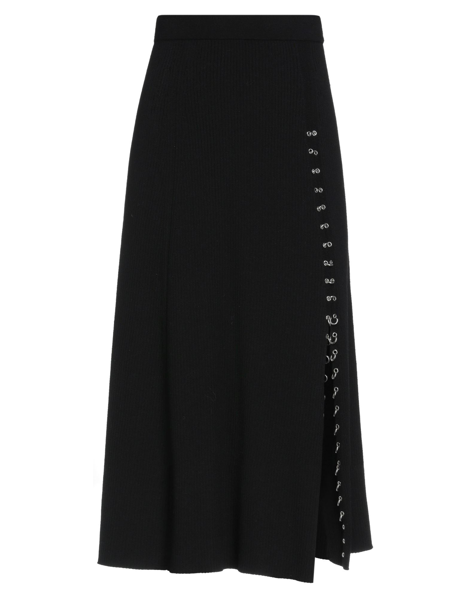 니트 소재, 미디엄웨이트 니트, 메탈 디테일, 멜란지 효과, 장식 디테일 솔리드 컬러, 안감없음, 엘라스틱 웨이스트, 포켓 없음, 프론트 슬릿, 스트레치, 플레어 스타일. 이미지