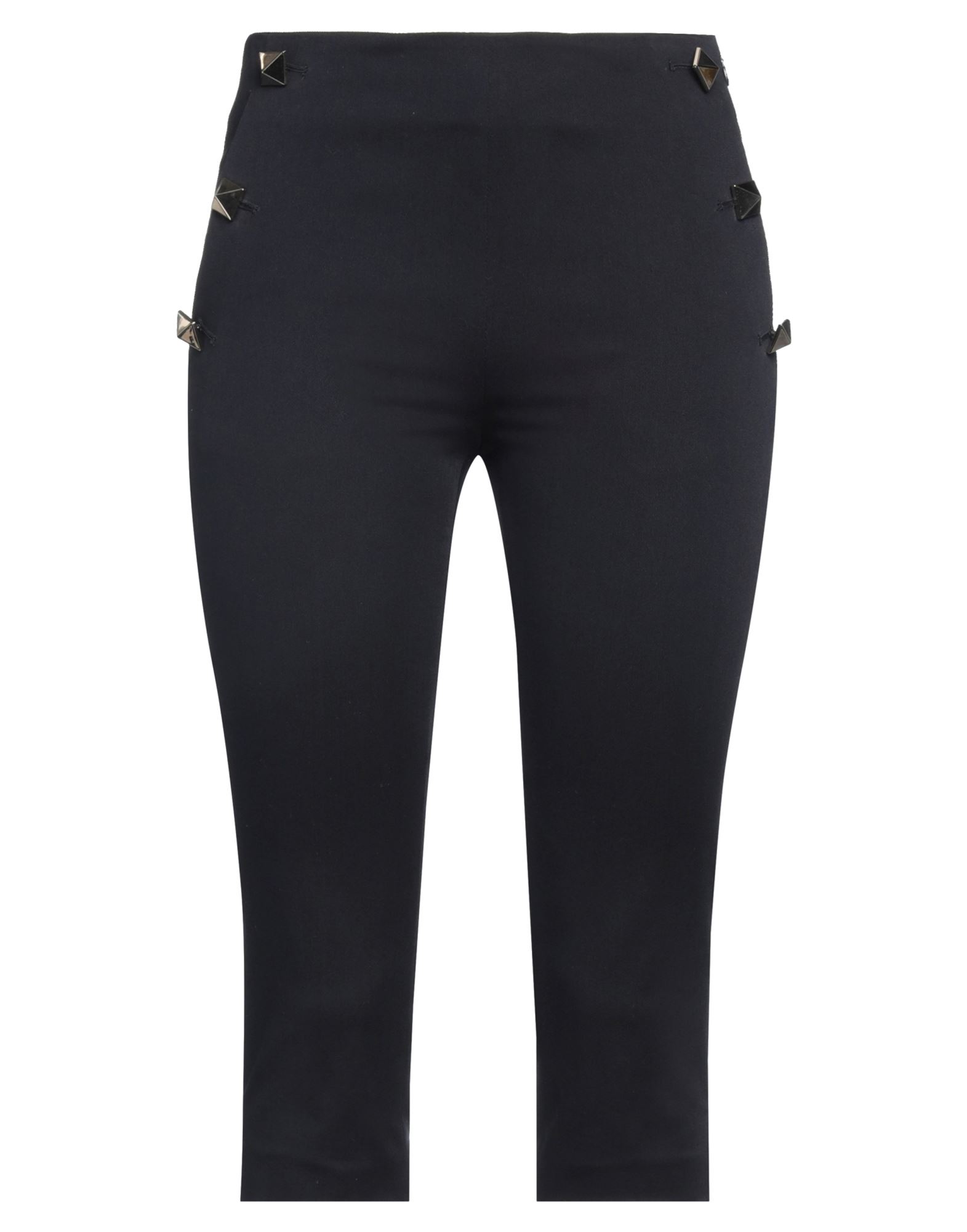 테이퍼드 팬츠, 우븐, 스트레치 패브릭, 장식 디테일 솔리드 컬러, 스터드, 노멀 웨이스트, 레귤러 핏, 지퍼 여밈, 멀티 포켓, 드라이클리닝, 표백 금지, 건조기 사용불가, 크롭트. 이미지