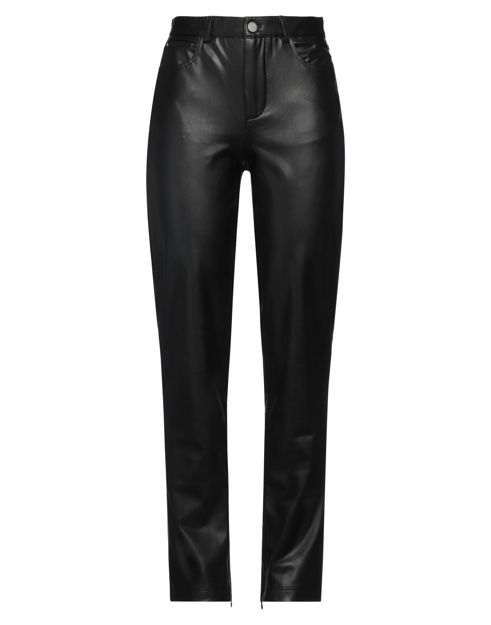 스트레이트 레그 팬츠, 인조가죽, 솔리드 컬러, 장식 부착 없음, 하이 웨이스트, 벨트 루프, 레귤러 핏, 지퍼 여밈, 1 버튼, 지퍼 헴라인, 손세탁, 표백 금지, 건조기 사용불가, 다림질 금지. 이미지