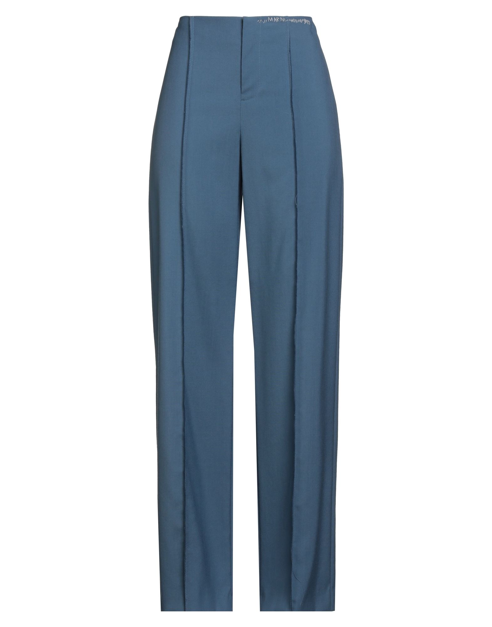 와이드 레그 팬츠, 울, 솔리드 컬러, 자수 로고 장식, 하이 웨이스트, 레귤러 핏, 지퍼 여밈, 후크 여밈, 슬릿 포켓, 드라이클리닝, 표백 금지, 건조기 사용불가, 이 브랜드는 사이즈가 크게 나옵니다. 이미지