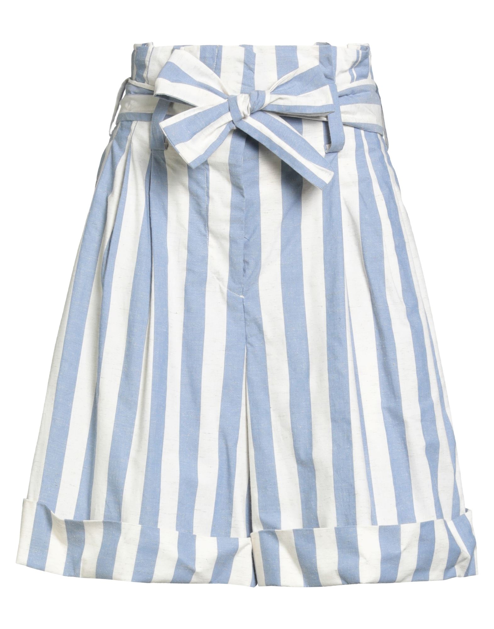 반바지, 우븐, 스트라이프, 벨트, 하이 웨이스트, 후크 여밈, 지퍼 여밈, 폴디드 헴, 멀티 포켓, 세탁기로 세탁, 표백 금지, 건조기 사용불가. 이미지