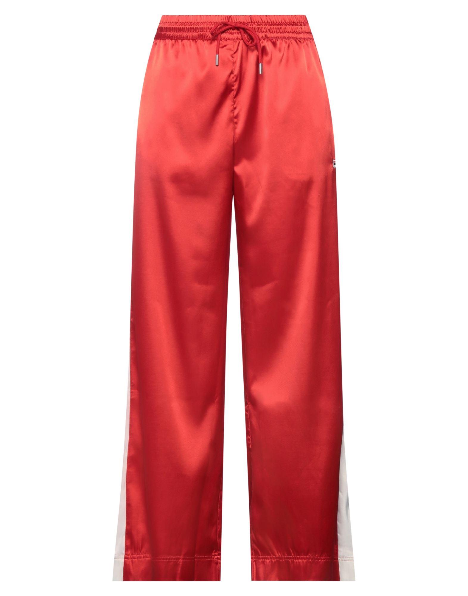 새틴, 브랜드 로고, 사이드 스트라이프, 투톤 패턴, 하이 웨이스트, 엘라스틱 웨이스트, 플레어 레그 스타일, 컴포트 핏, 셀프타이/스트링 여밈, 멀티 포켓, 스트레치, 치노. 이미지