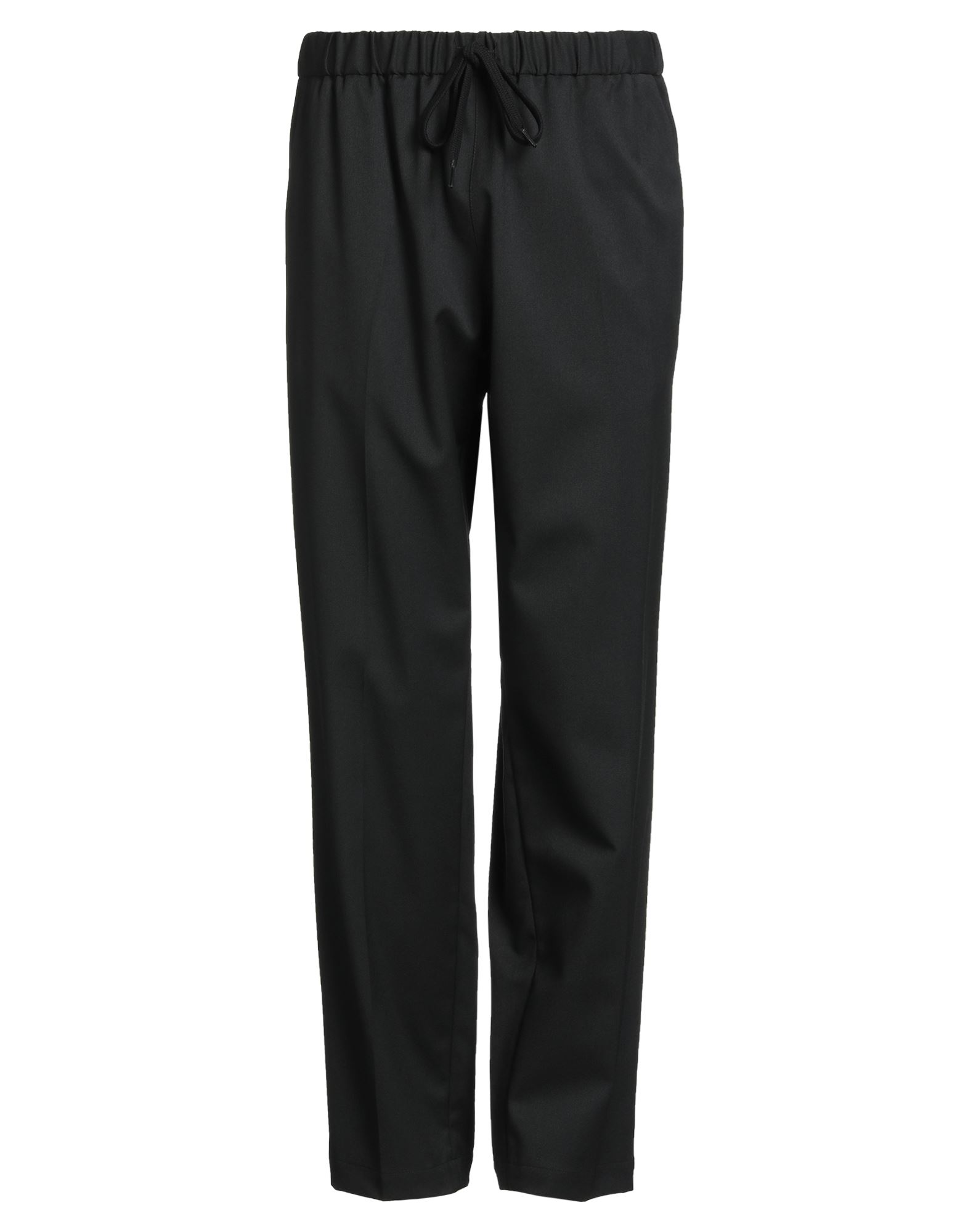 테일러드 팬츠, 우븐, 솔리드 컬러, 장식 부착 없음, 하이 웨이스트, 테이퍼드 레그, 컴포트 핏, 드로스트링 여밈, 슬릿 포켓, 패치 포켓, 물세탁 불가, 표백 금지, 건조기 사용불가. 이미지