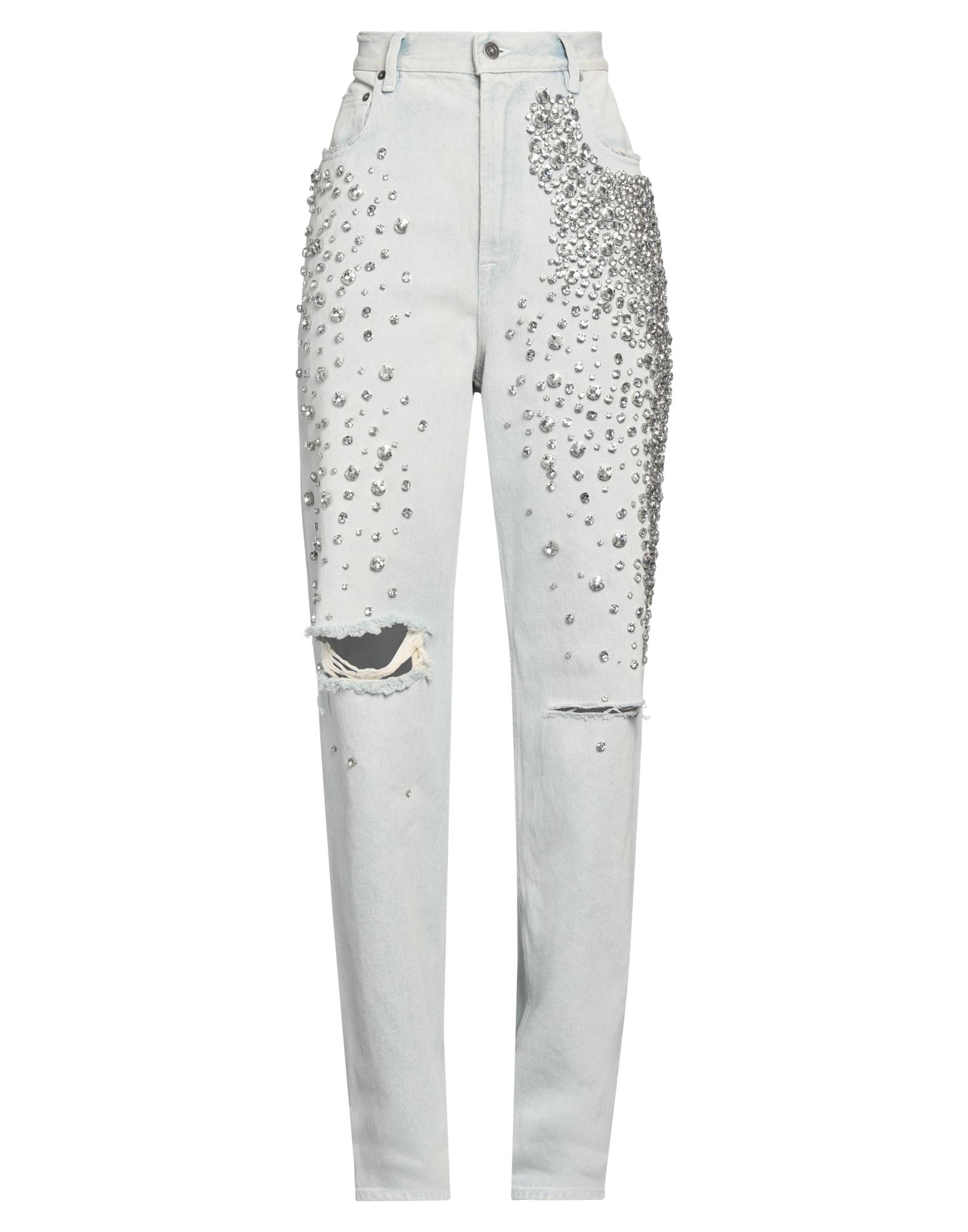 스트레이트 레그 진, 데님, 디스트레스드 효과, 바랜 효과, 장식 디테일 솔리드 컬러, 크리스탈, 브랜드 로고, 라이트 워싱, 하이 웨이스트, 벨트 루프, 레귤러 핏, 1 버튼, 지퍼 여밈, 멀티 포켓, 손세탁, 표백 금지, 건조기 사용불가, 이 브랜드는 사이즈가 크게 나옵니다. 이미지