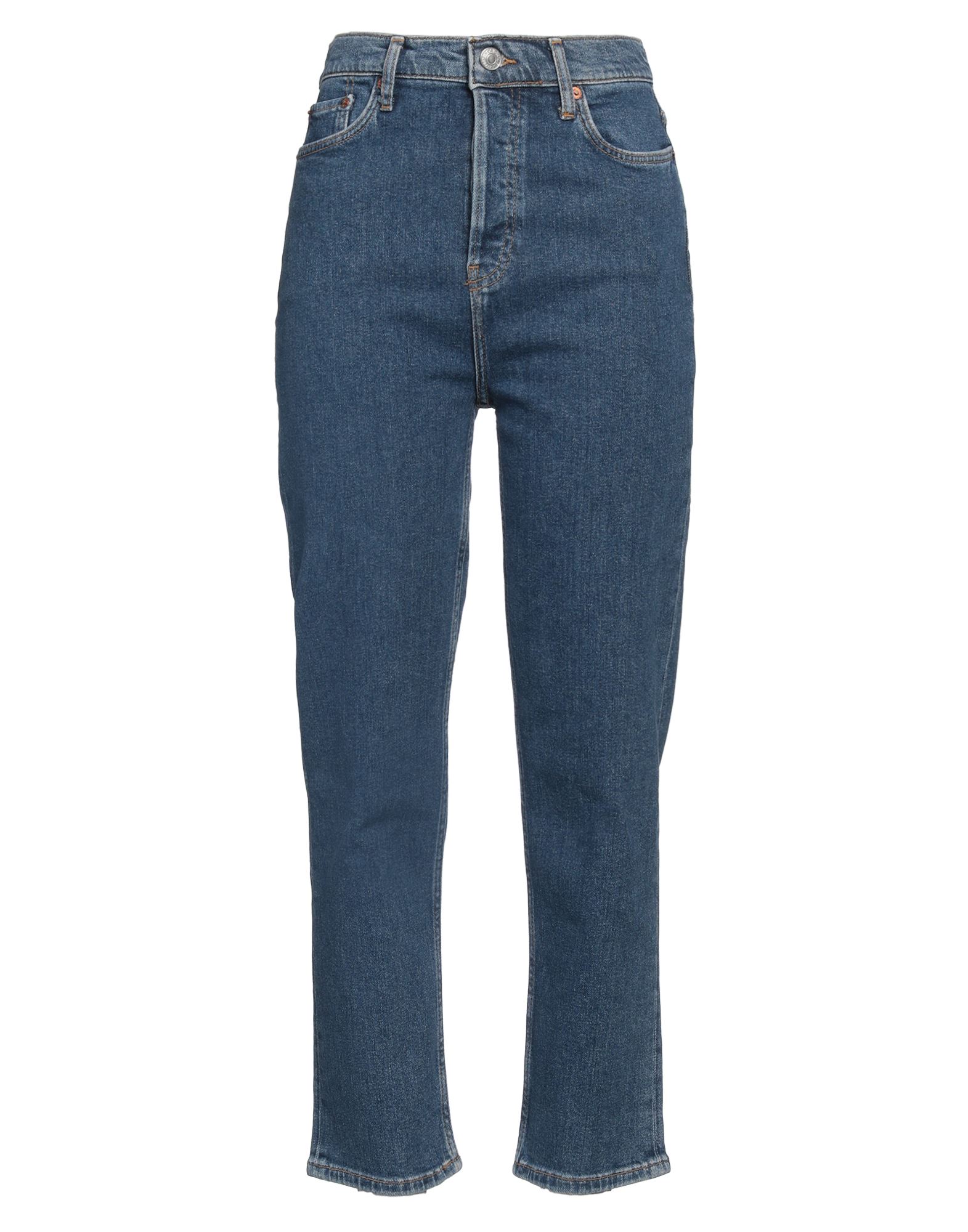 데님, 바랜 효과, 장식 부착 없음, 솔리드 컬러, 미디엄 워싱, 하이 웨이스트, 버튼 여밈, 멀티 포켓, 세탁기 세탁 또는 드라이클리닝, 표백 금지, 건조기 사용가능, 스트레이트 레그 진. 이미지