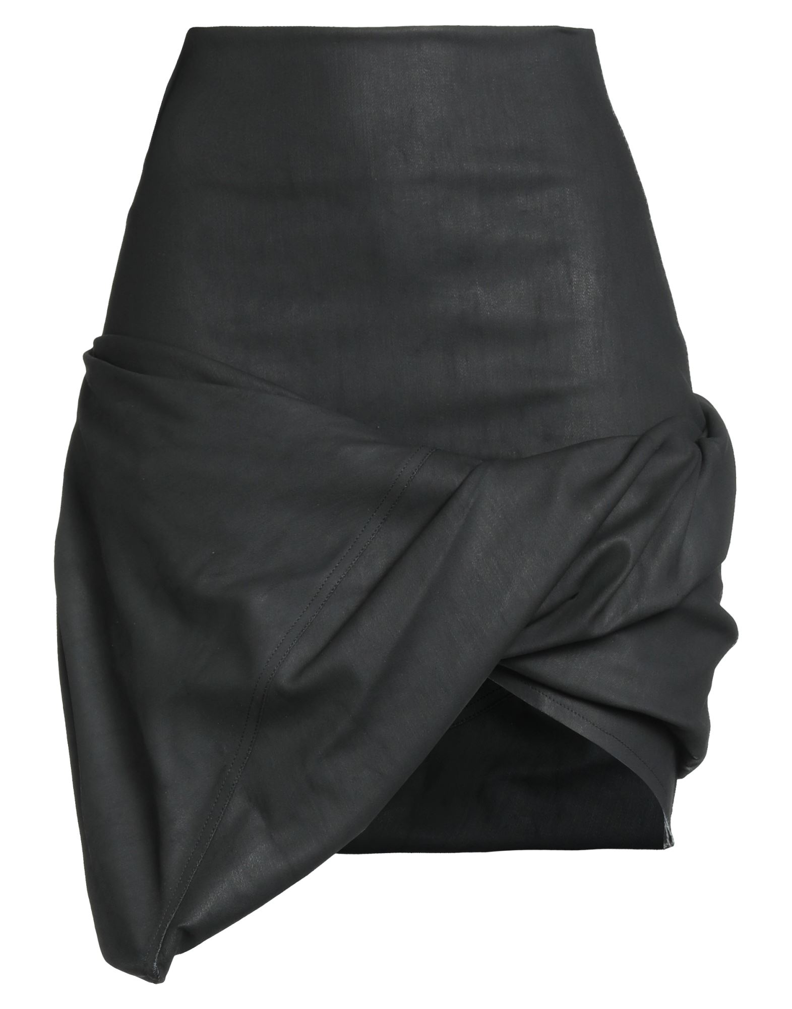 비대칭 스커트, 데님, 코팅 효과, 솔리드 컬러, 드레이프, 컬러 워싱, 안감없음, 후크 여밈, 지퍼 여밈, 물세탁 불가, 표백 금지, 건조기 사용불가. 이미지