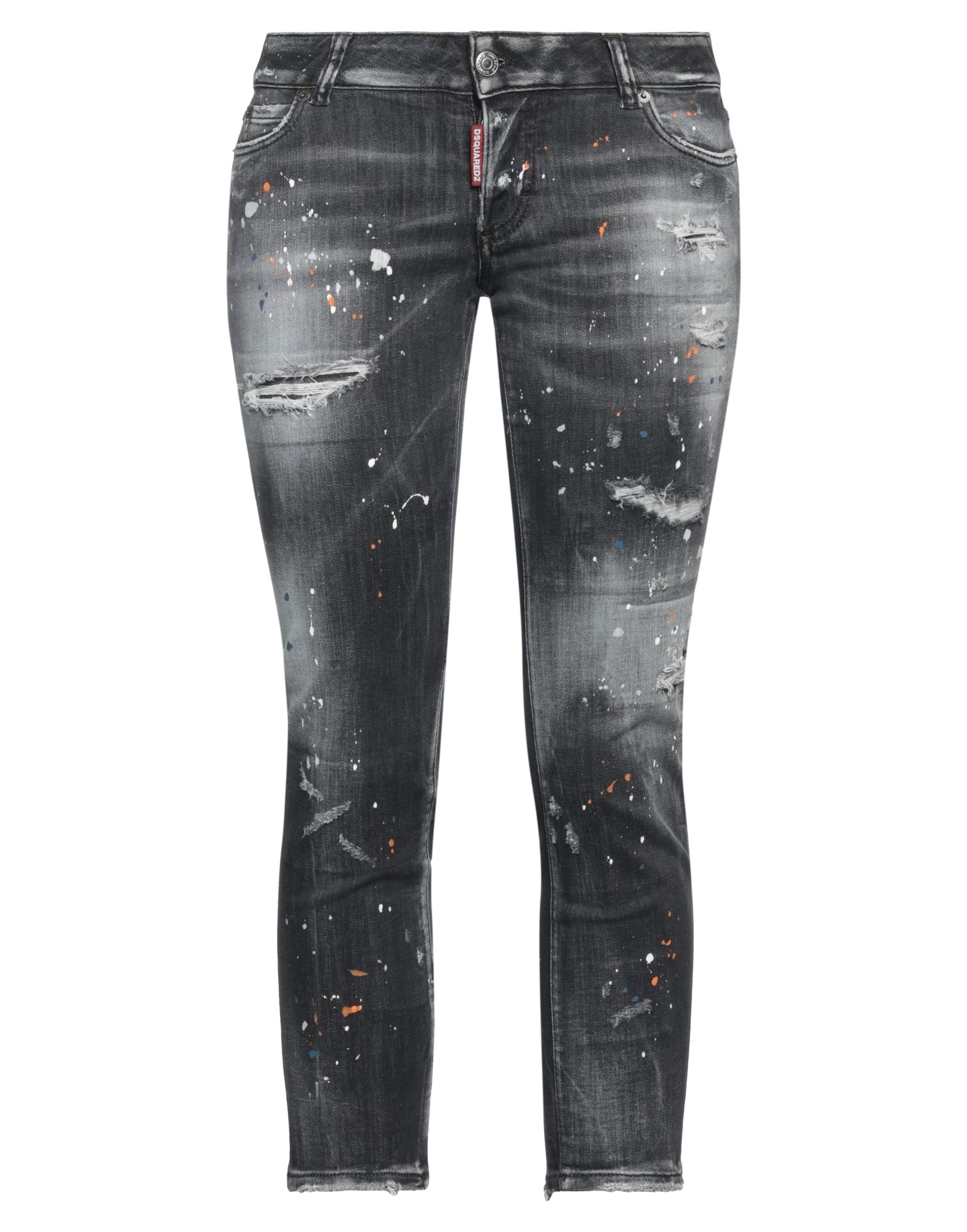 스키니 진, 데님, 디스트레스드 효과, 바랜 효과, 브랜드 로고, 가죽 인서트, 타이다이, 컬러 워싱, 로우 웨이스트, 버튼 여밈, 멀티 포켓, 스트레치, 동물성 비섬유 자재 함유. 이미지