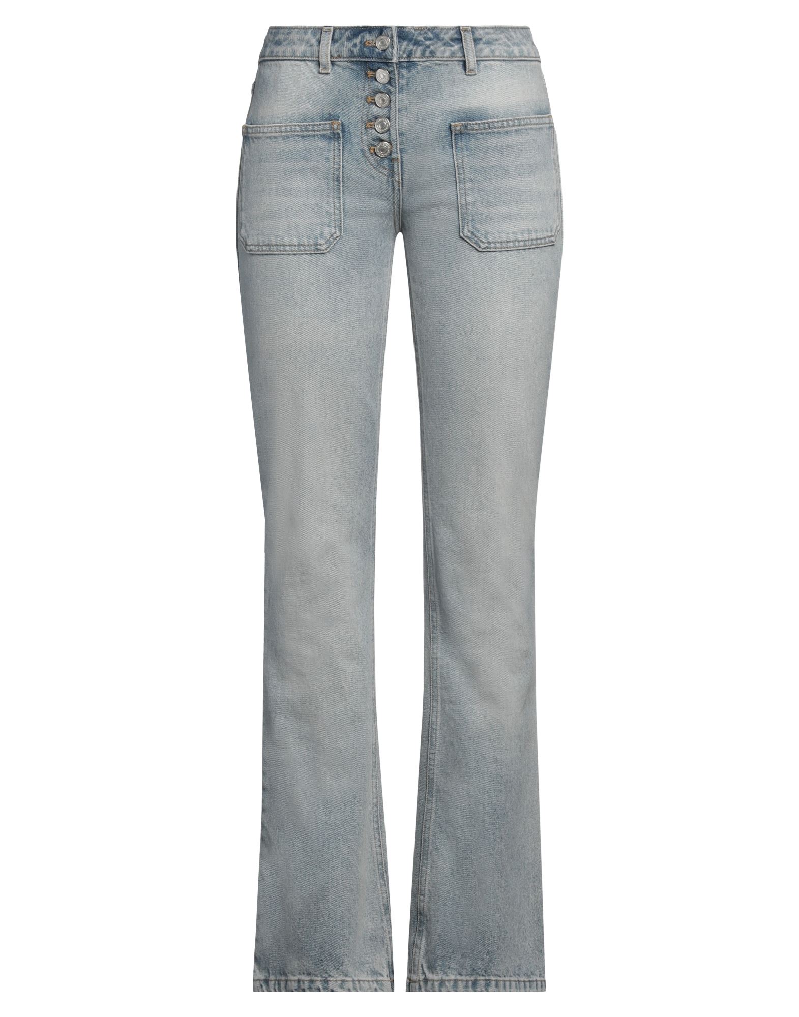 부츠컷 진, 데님, 바랜 효과, 솔리드 컬러, 자수 로고 장식, 라이트 워싱, 노멀 웨이스트, 벨트 루프, 레귤러 핏, 버튼 여밈, 멀티 포켓, 세탁기 세탁 또는 드라이클리닝, 표백 금지, 건조기 사용불가. 이미지