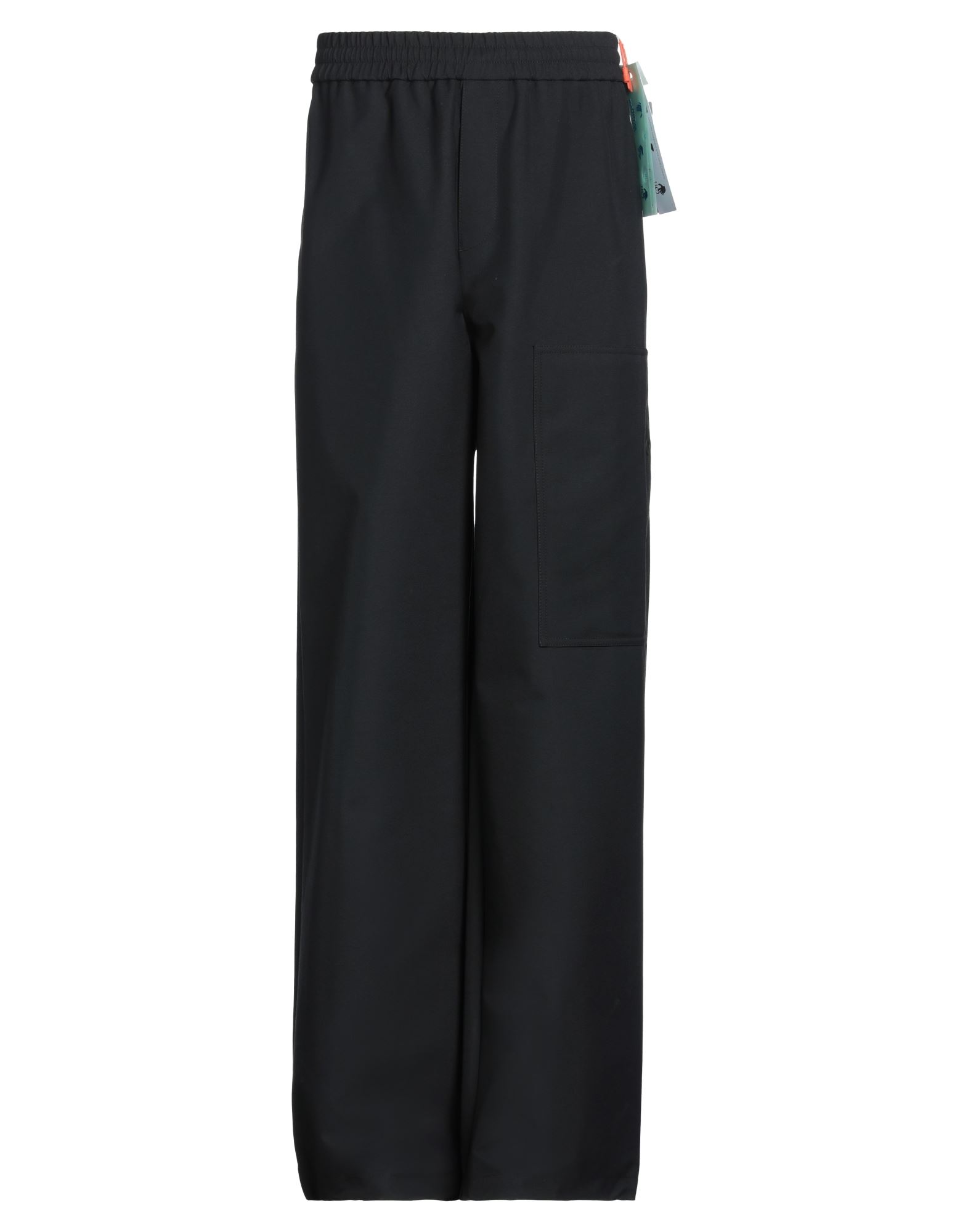 캐주얼 팬츠, 테크니컬 패브릭, 솔리드 컬러, 브랜드 로고, 하이 웨이스트, 엘라스틱 웨이스트라인, 와이드 레그, 레귤러 핏, 드로스트링 여밈, 슬릿 포켓, 웰트 포켓, 세탁기로 세탁, 표백 금지, 건조기 사용불가. 이미지