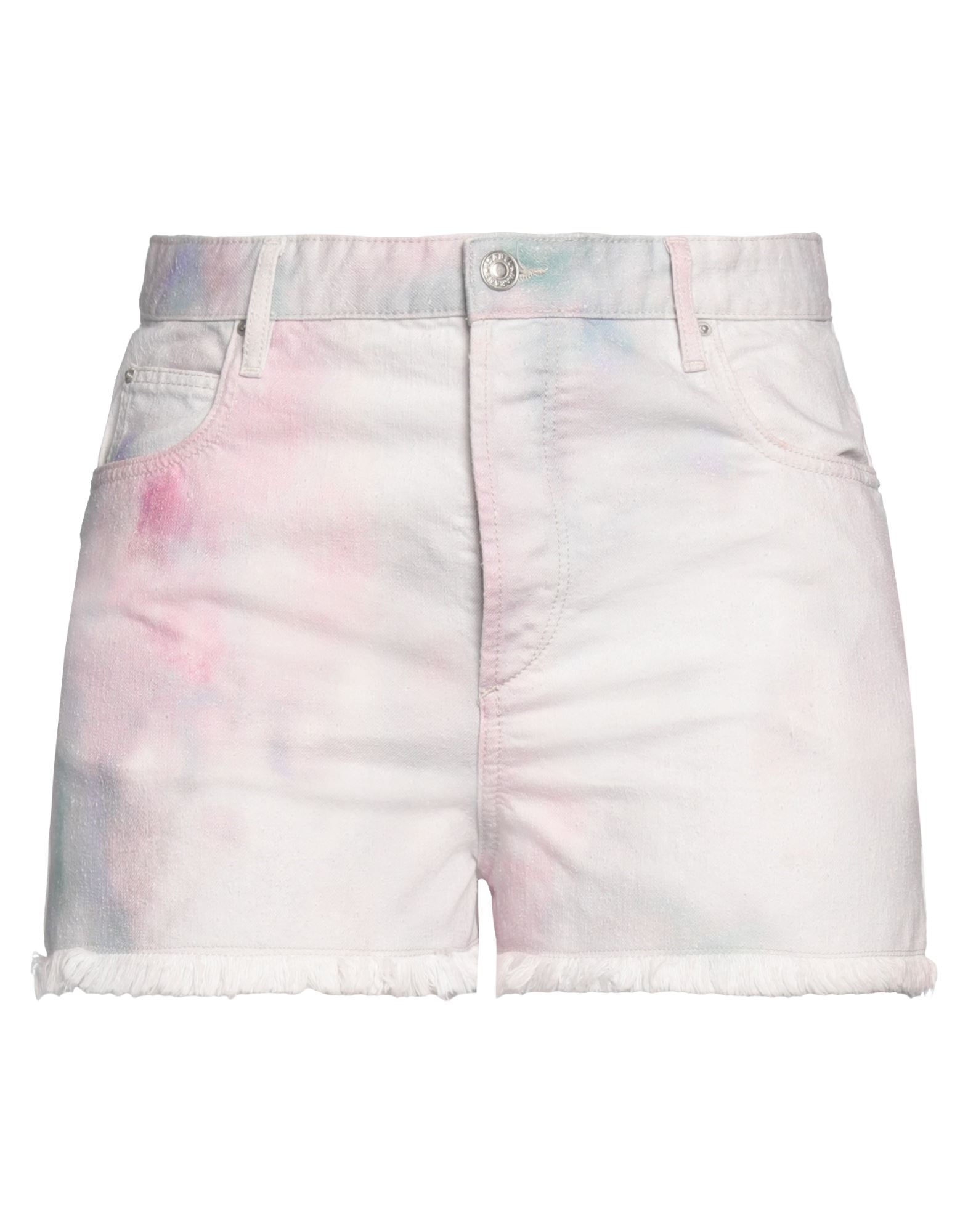 반바지, 데님, 바랜 효과, 타이다이, 장식 부착 없음, 컬러 워싱, 하이 웨이스트, 버튼 여밈, 멀티 포켓, 세탁기로 세탁, 표백 금지, 건조기 사용불가, 바다로 떠나는 주말 여행이나 휴가를 위한 세련되고 편안한 스타일. 이미지