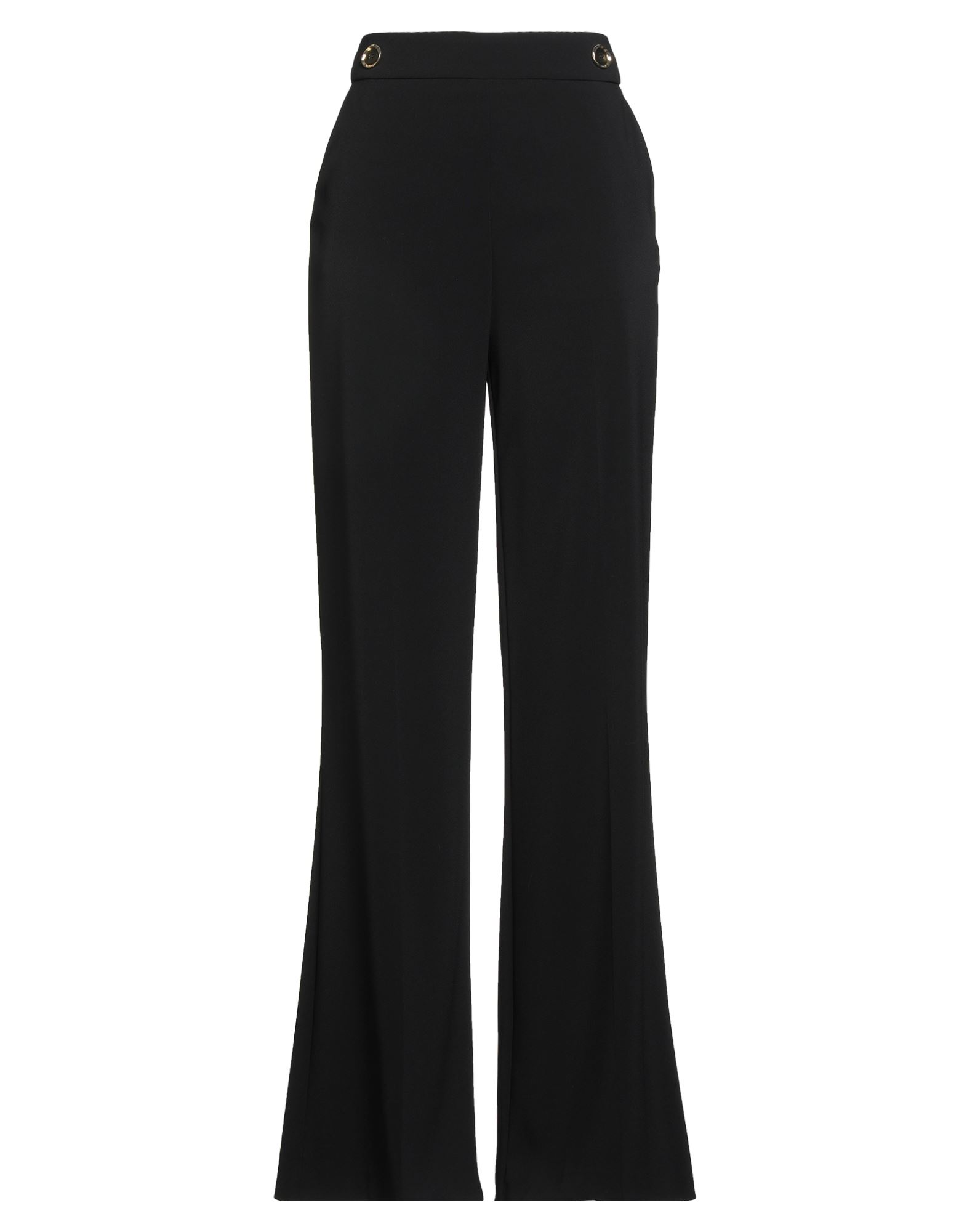 플레어 팬츠, 크레이프, 스트레치 패브릭, 장식 디테일 솔리드 컬러, 버튼 장식, 하이 웨이스트, 레귤러 핏, 지퍼 여밈, 슬릿 포켓, 세탁기 세탁 또는 드라이클리닝, 표백 금지, 건조기 사용불가. 이미지