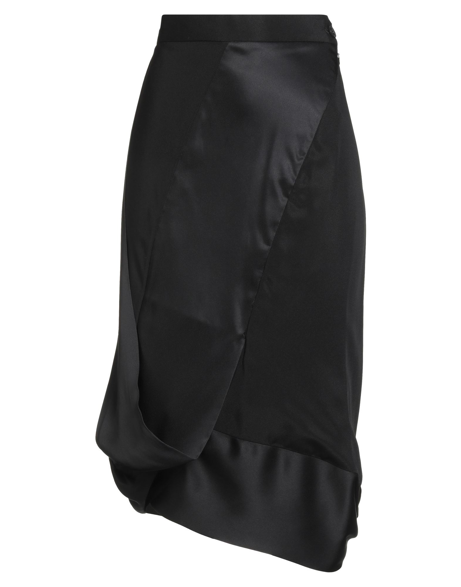 플레어 스커트, 새틴, 솔리드 컬러, 드레이프, 안감있음, 지퍼 여밈, 1 버튼, 세탁기 세탁 또는 드라이클리닝, 표백 금지, 건조기 사용불가. 이미지