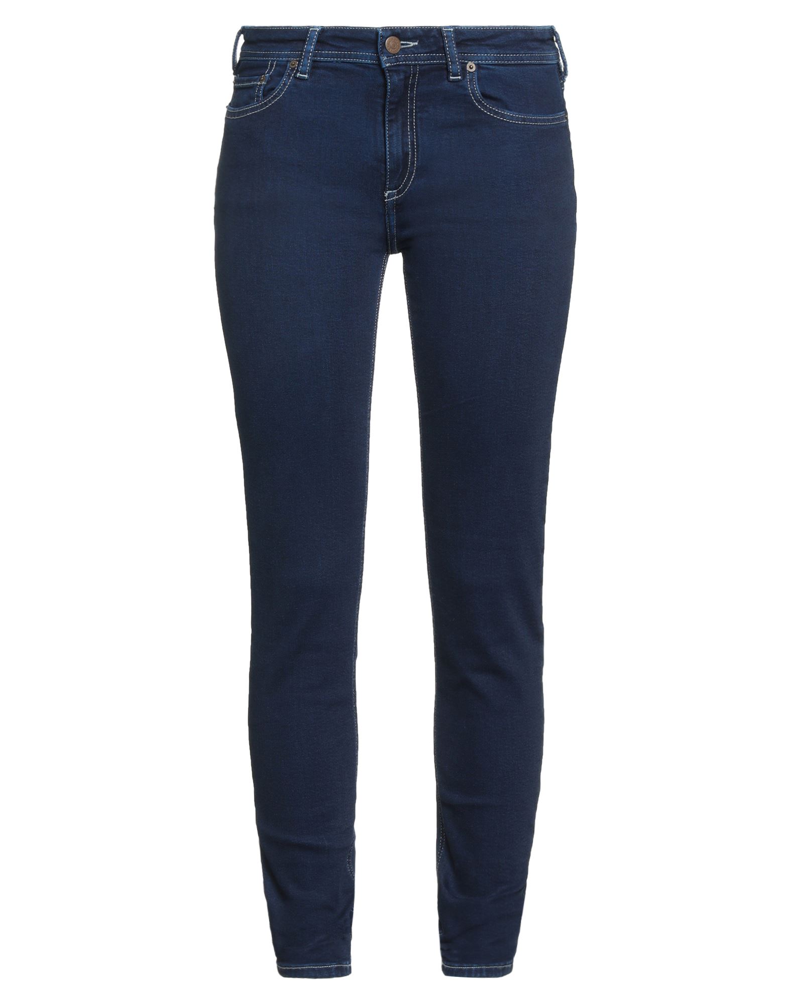 테이퍼드 진, 데님, 바랜 효과, 솔리드 컬러, 브랜드 로고, 다크 워싱, 노멀 웨이스트, 레귤러 핏, 지퍼 여밈, 1 버튼, 멀티 포켓, 세탁기로 세탁, 표백 금지, 건조기 사용불가. 이미지