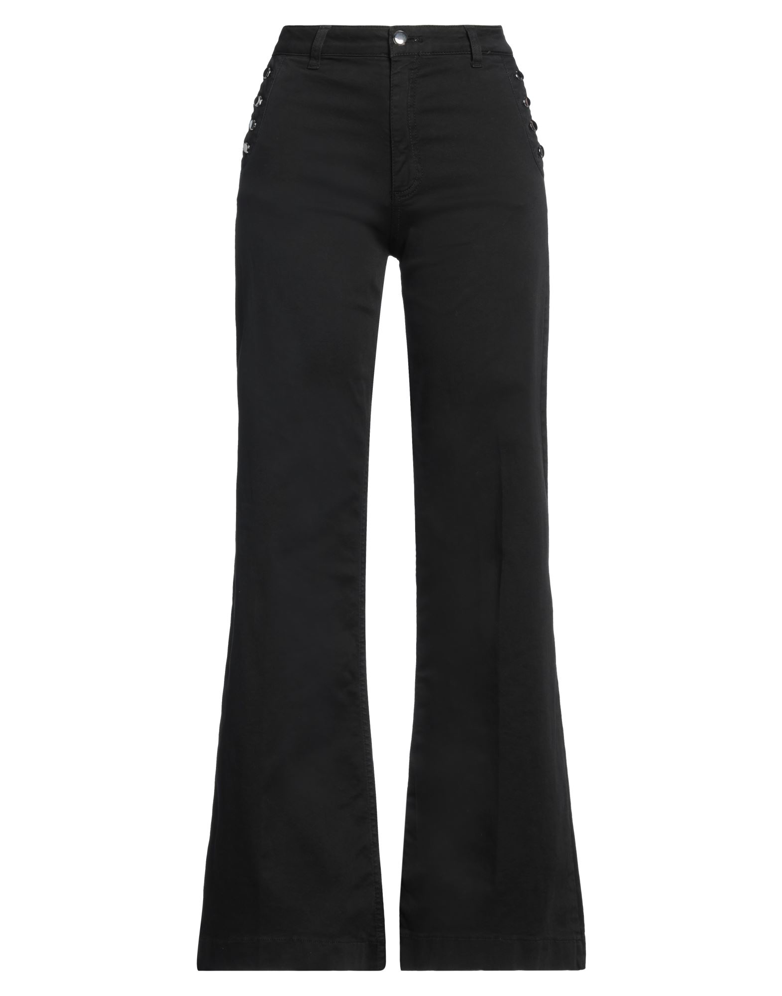 플레어 팬츠, 개버딘, 솔리드 컬러, 브랜드 로고, 하이 웨이스트, 레귤러 핏, 1 버튼, 지퍼 여밈, 멀티 포켓, 스트레치, 세탁기 세탁 또는 드라이클리닝, 표백 금지, 건조기 사용불가. 이미지