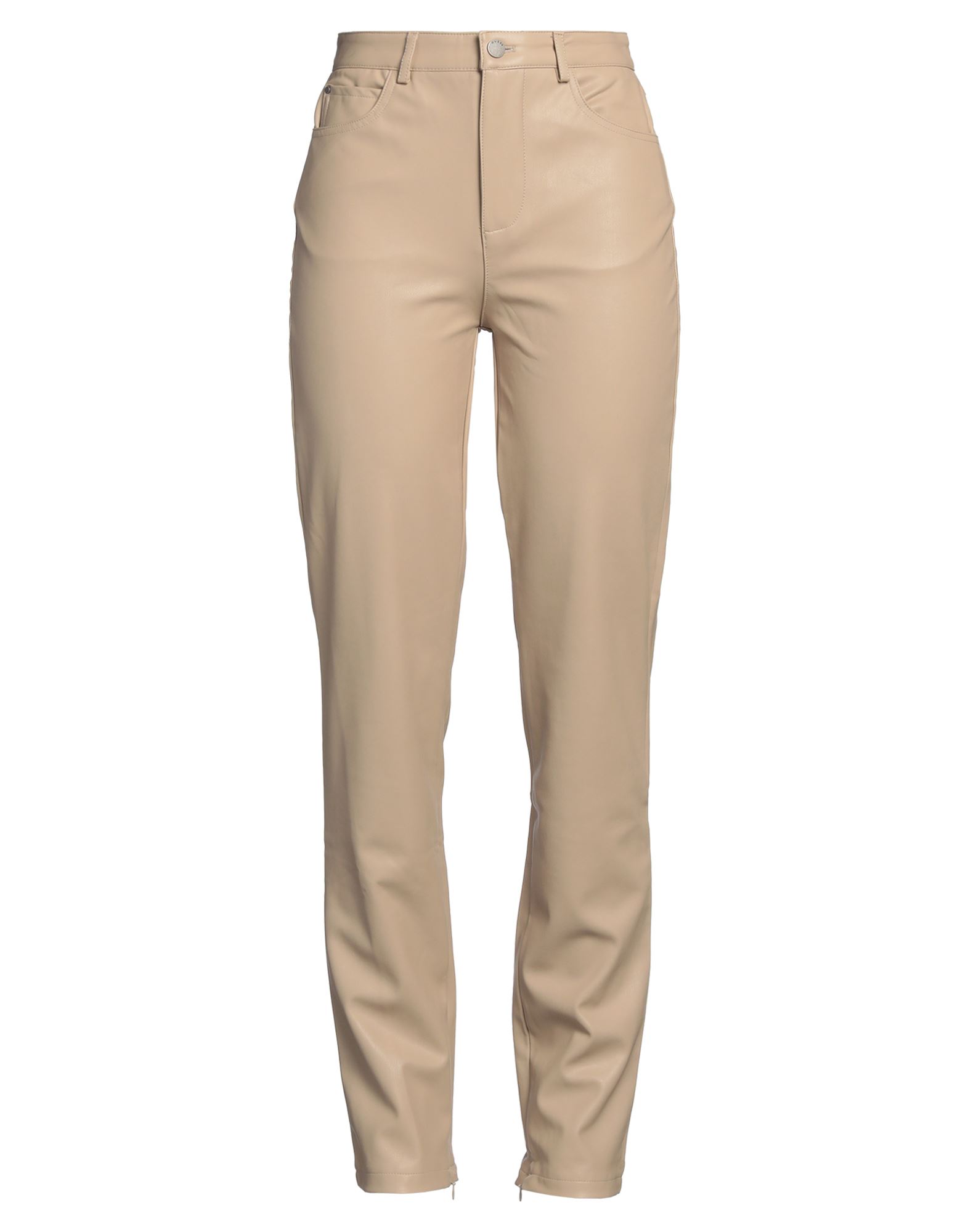 스트레이트 레그 팬츠, 인조가죽, 솔리드 컬러, 브랜드 로고, 하이 웨이스트, 레귤러 핏, 지퍼 여밈, 1 버튼, 지퍼 헴라인, 멀티 포켓, 손세탁, 표백 금지, 건조기 사용불가. 이미지