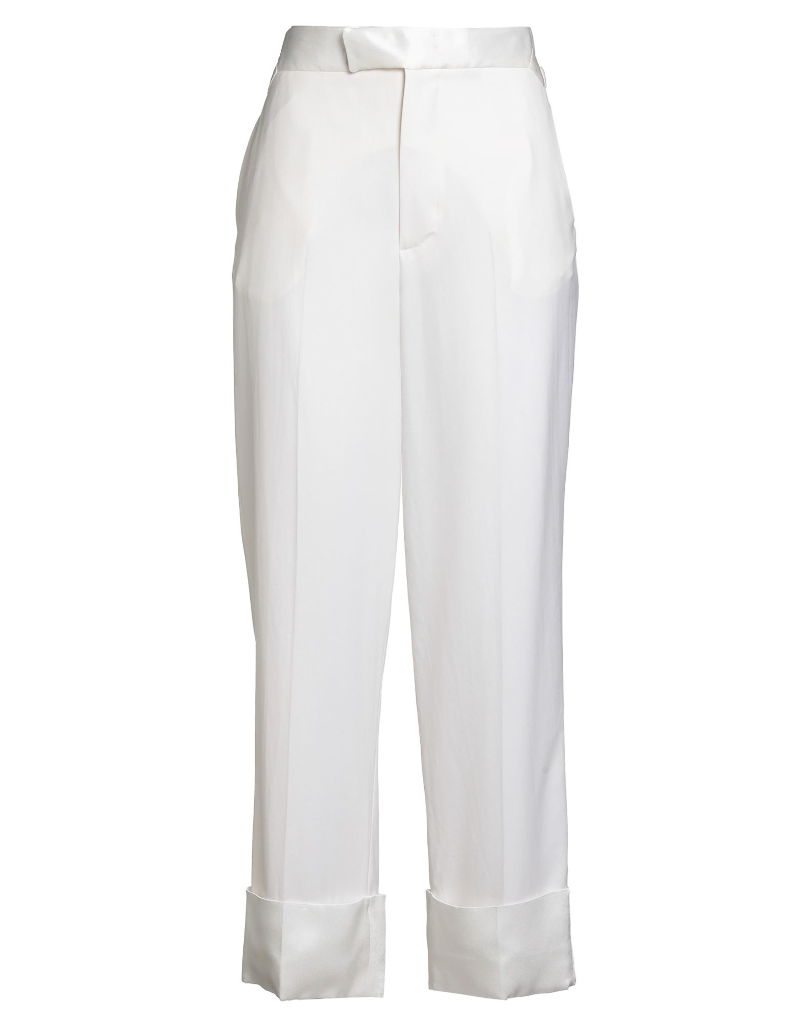 스트레이트 레그 팬츠, 크레이프, 새틴, 솔리드 컬러, 장식 부착 없음, 하이 웨이스트, 레귤러 핏, 후크 여밈, 지퍼 여밈, 슬릿 포켓, 세탁기 세탁 또는 드라이클리닝, 표백 금지, 건조기 사용불가. 이미지