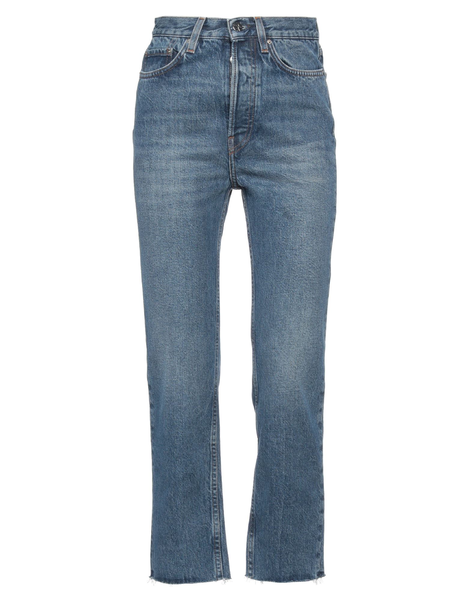 스트레이트 레그 진, 데님, 바랜 효과, 솔리드 컬러, 브랜드 로고, 미디엄 워싱, 하이 웨이스트, 레귤러 핏, 히든 버튼 여밈, 1 버튼, 프린지 헴, 멀티 포켓, 세탁기 세탁 또는 드라이클리닝, 표백 금지, 건조기 사용불가, 동물성 비섬유 자재 함유. 이미지