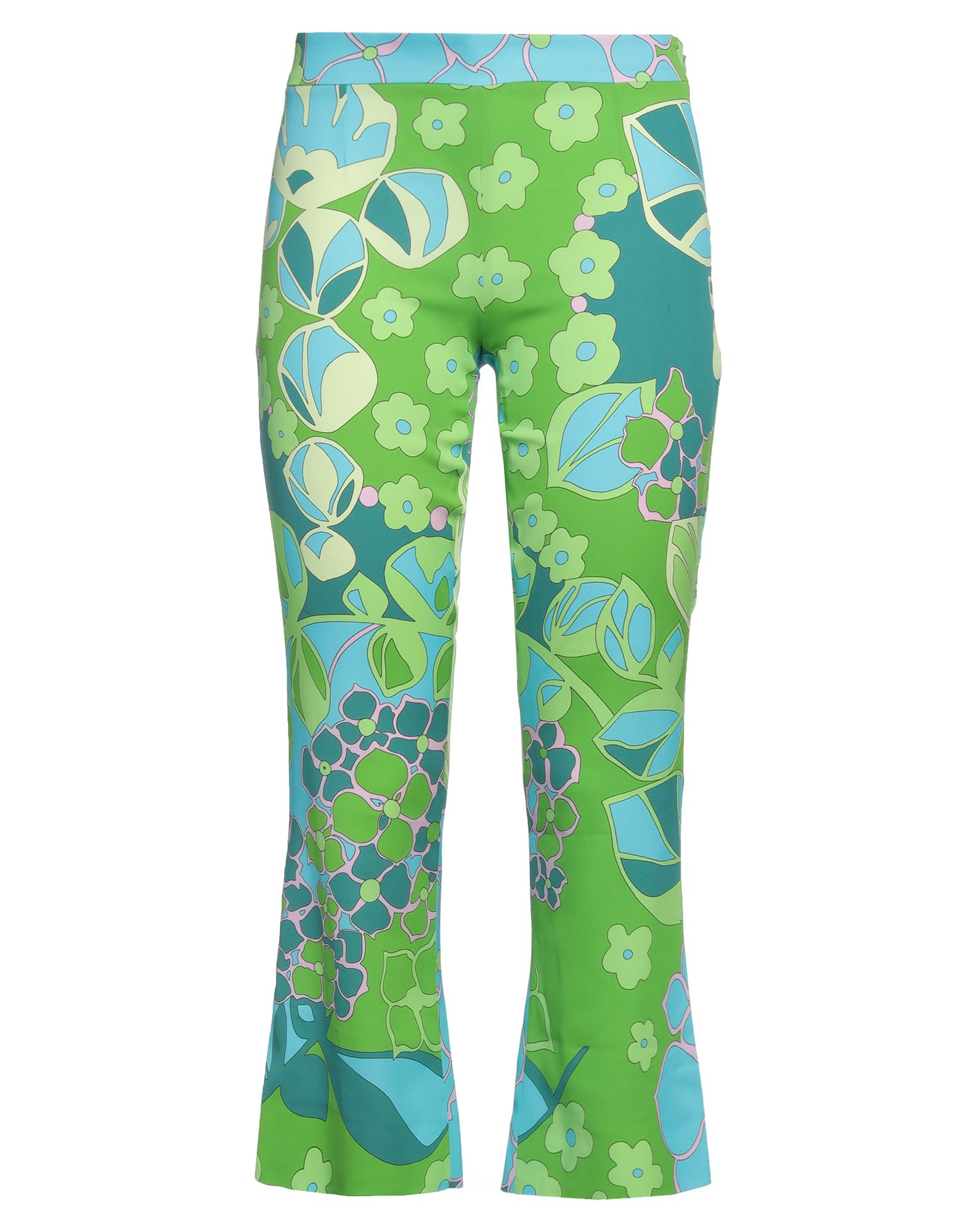 크레이프, 장식 부착 없음, 플로럴 모티브, 노멀 웨이스트, 플레어 레그 스타일, 레귤러 핏, 지퍼 클로저, 포켓 없음, 스트레치, 기타 바지. 이미지