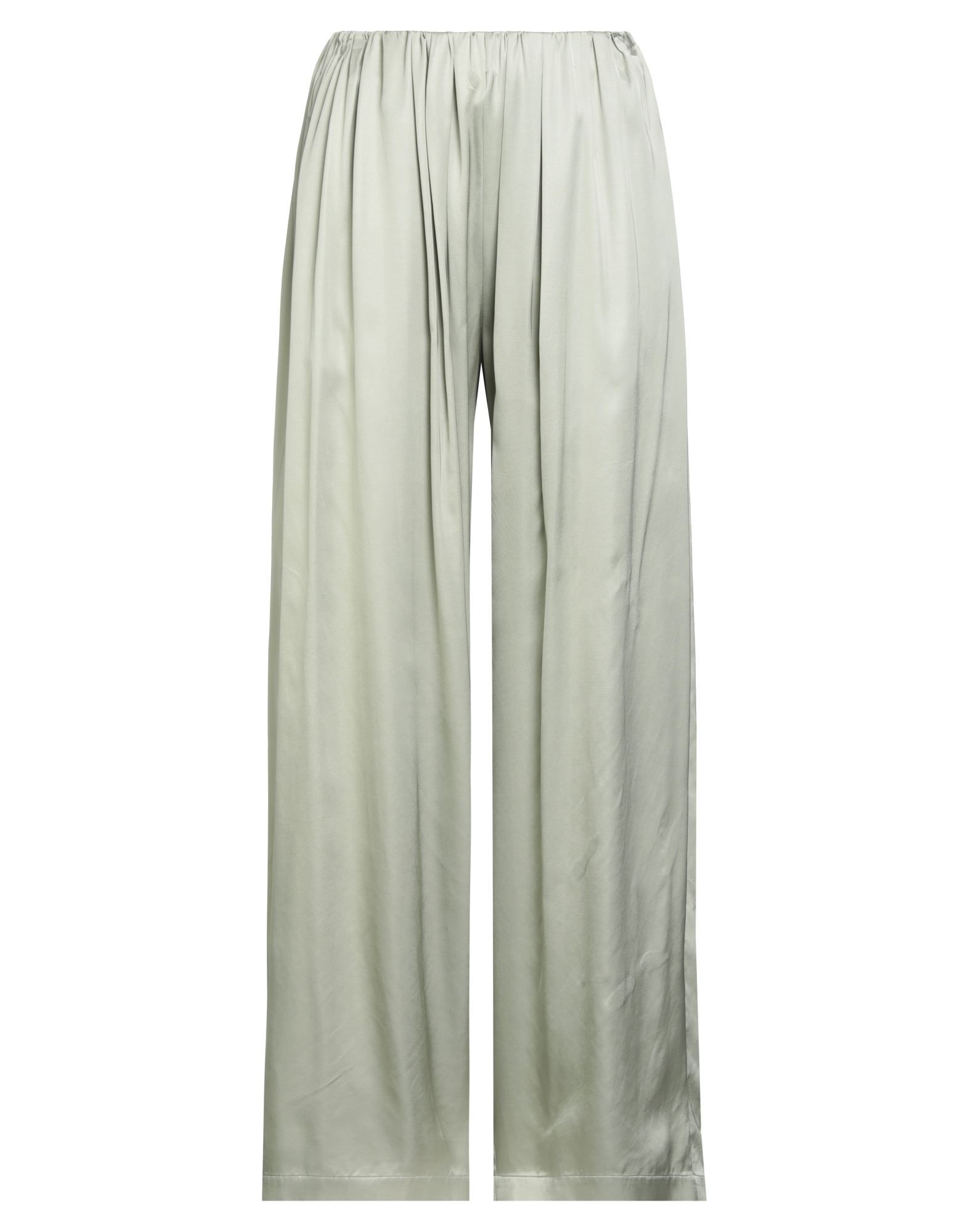 와이드 레그 팬츠, 새틴, 솔리드 컬러, 주름 가공, 하이 웨이스트, 엘라스틱 웨이스트라인, 컴포트 핏, 슬릿 포켓, 전문 세탁 또는 드라이클리닝, 표백 금지, 건조기 사용불가. 이미지