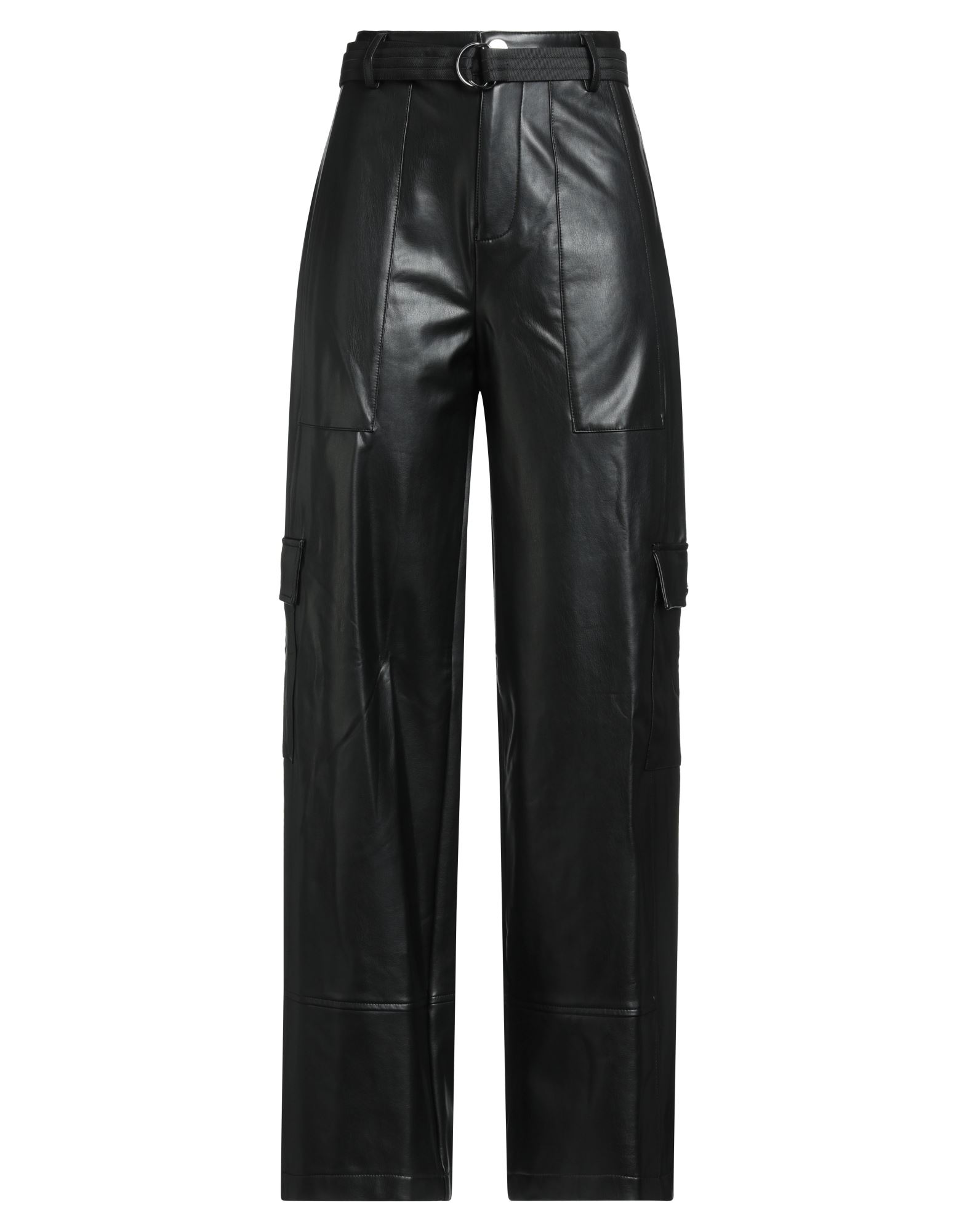 카고 팬츠, 인조가죽, 솔리드 컬러, 벨트, 하이 웨이스트, 레귤러 핏, 지퍼 여밈, 스냅버튼 여밈, 멀티 포켓, 스트레치, 손세탁, 표백 금지, 건조기 사용불가, 다림질 금지. 이미지