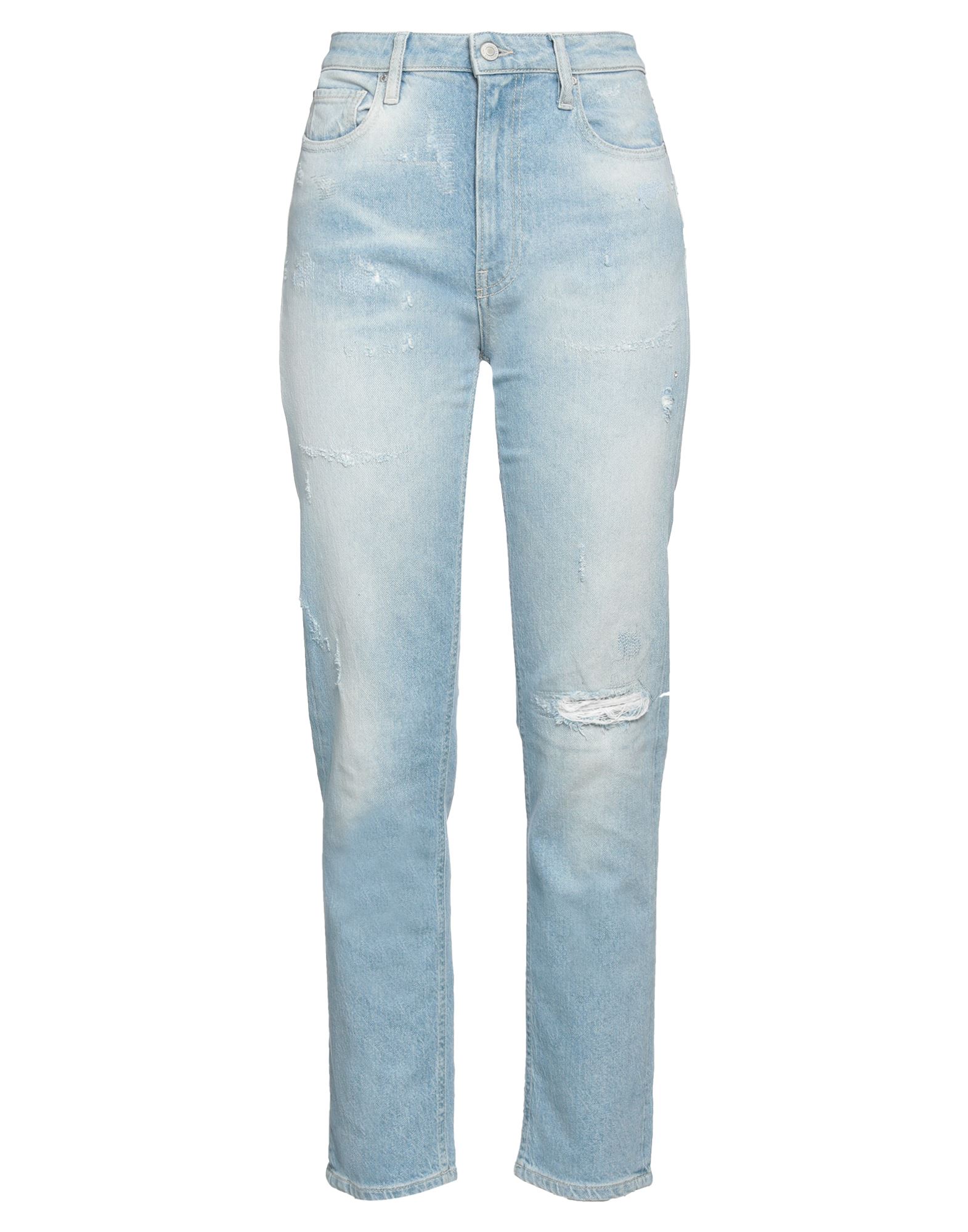 데님, 해진 효과, 撕裂面料, 라인스톤, 브랜드 로고, 솔리드 컬러, 라이트 워싱, 하이 웨이스트, 벨트 루프, 스트레이트 레그, 레귤러 핏, 1 버튼, 지퍼 클로저, 포켓 5개, 스트레이트 레그 스타일. 이미지